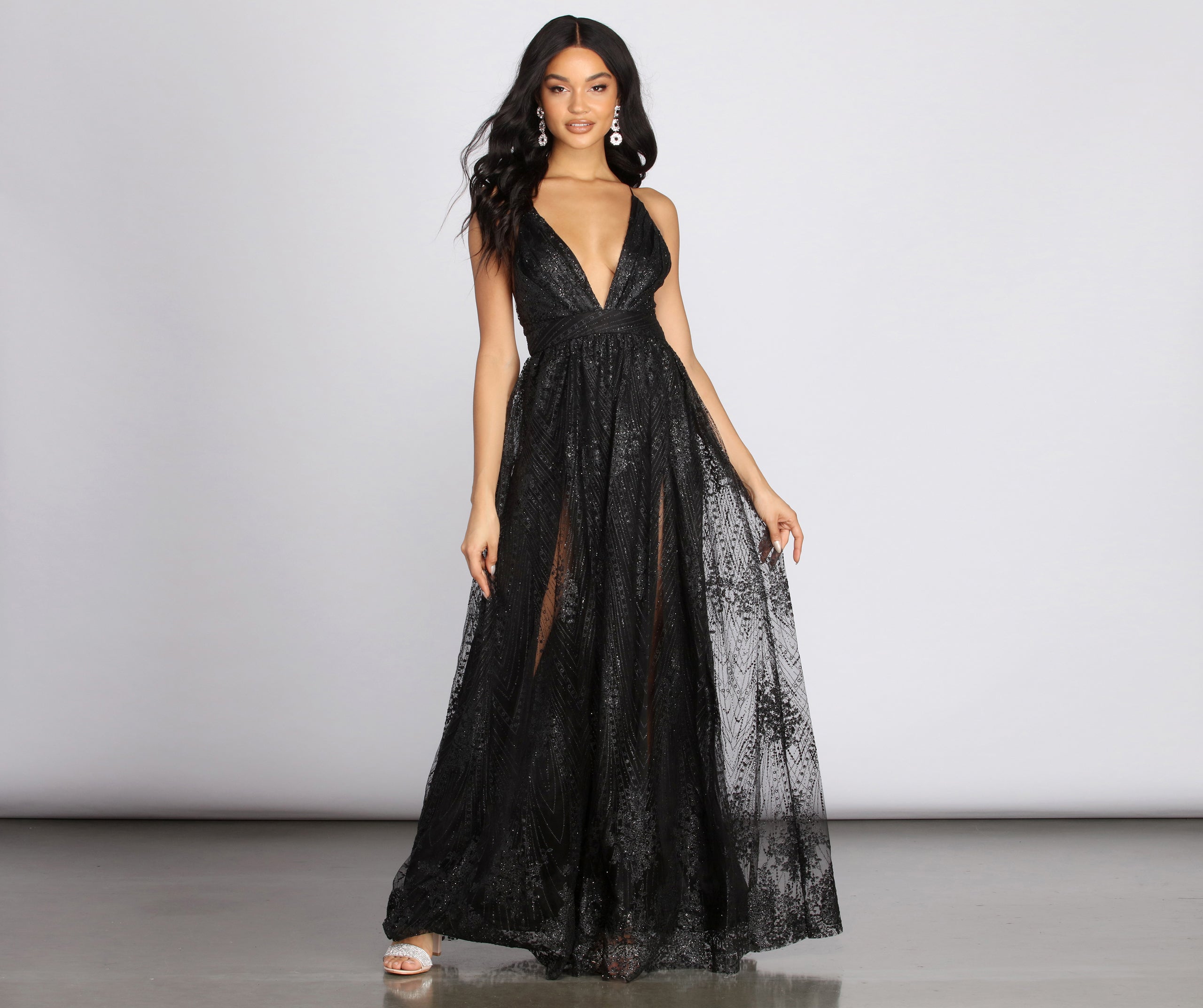 Mona Formal Plunging Glitter Dress - BLACK