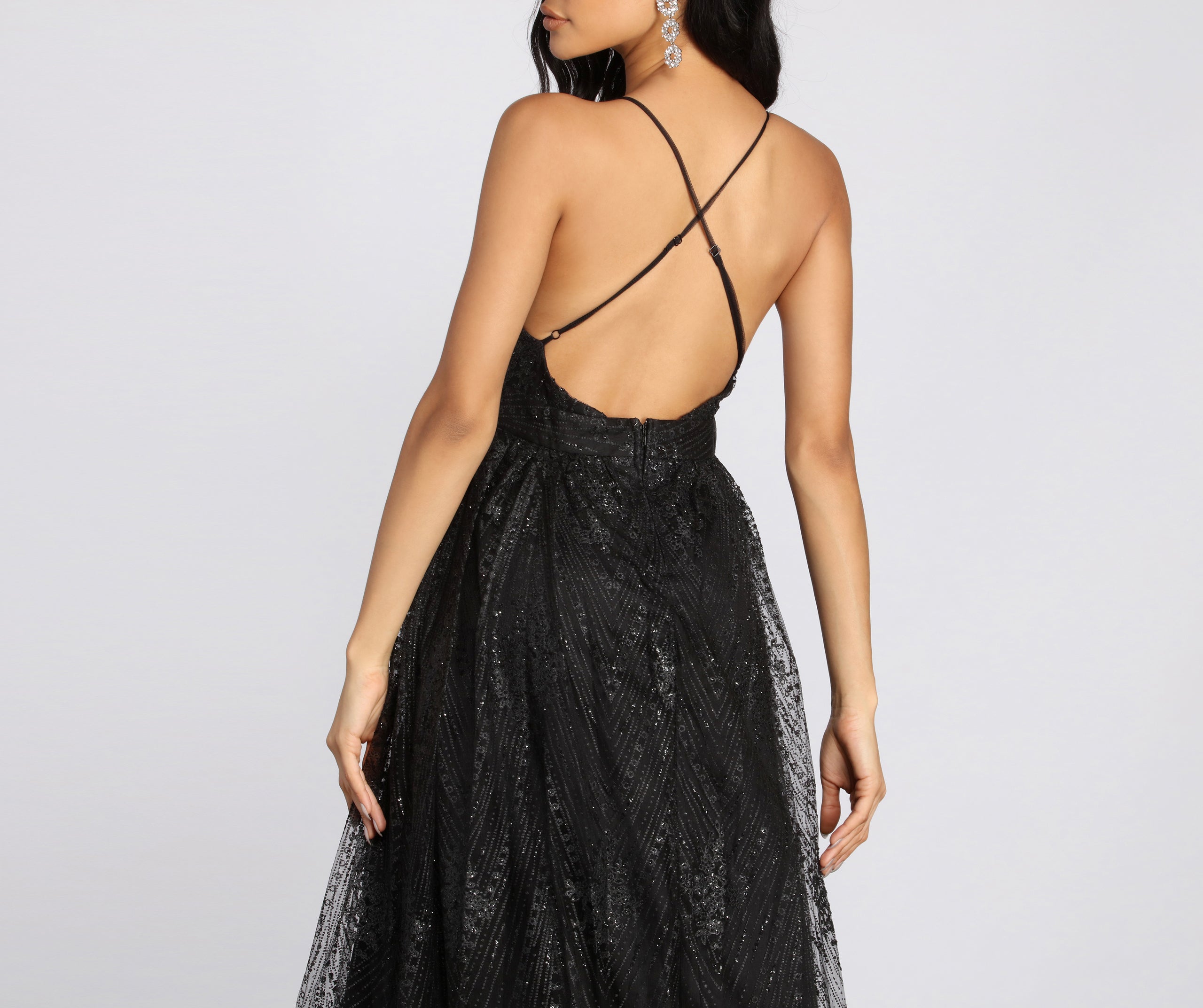 Mona Formal Plunging Glitter Dress - BLACK