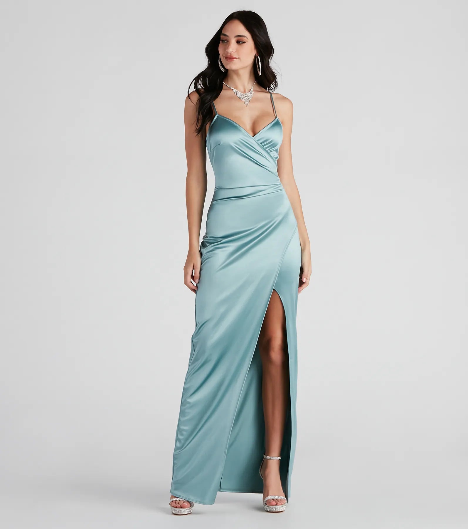 Jolina Wrap Skirt Satin Dress - SEA FOAM