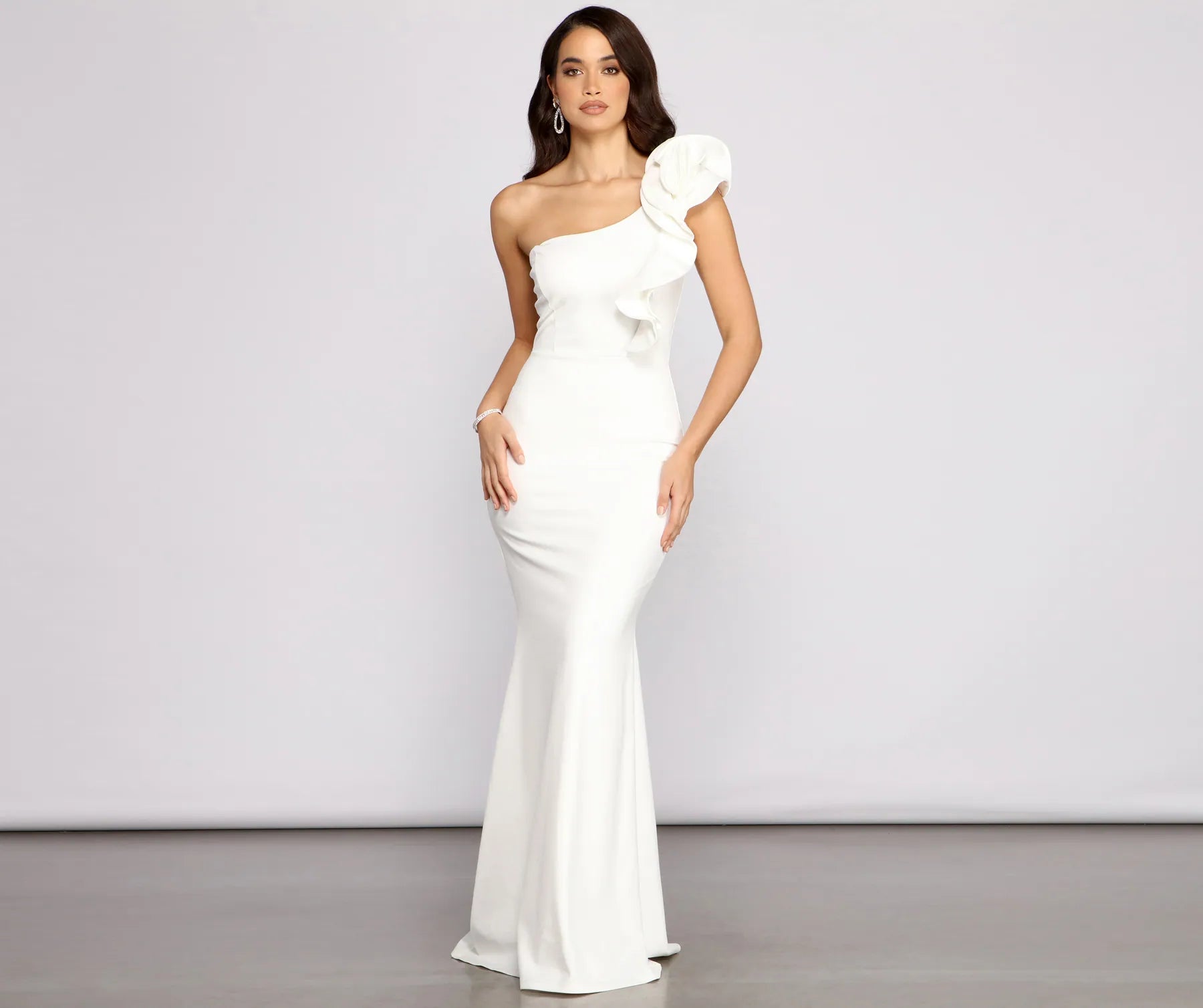 Diana Formal One-Shoulder Ruffle Dress - WHITE