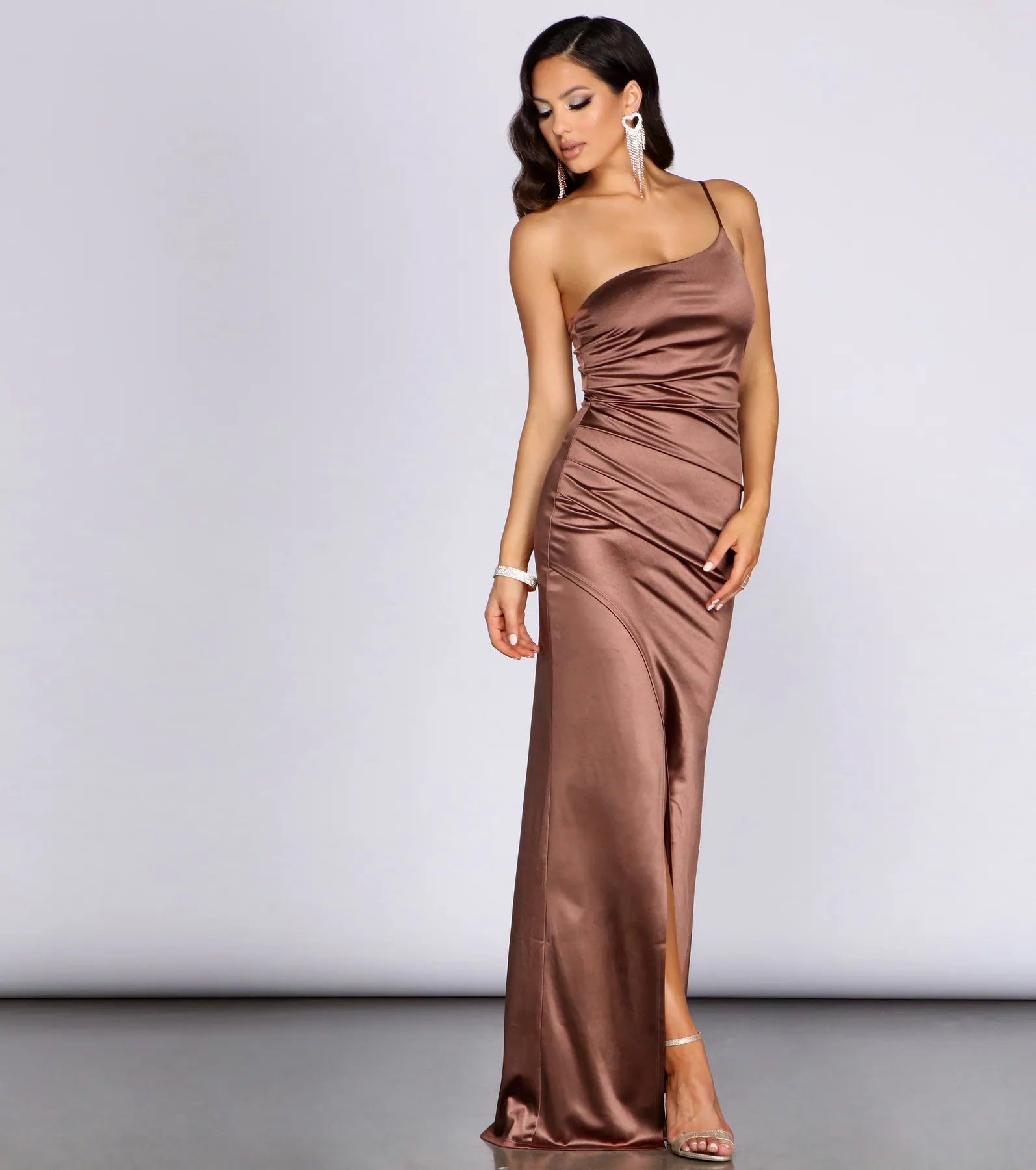 Roseanne One-Shoulder Satin Dress - BROWN