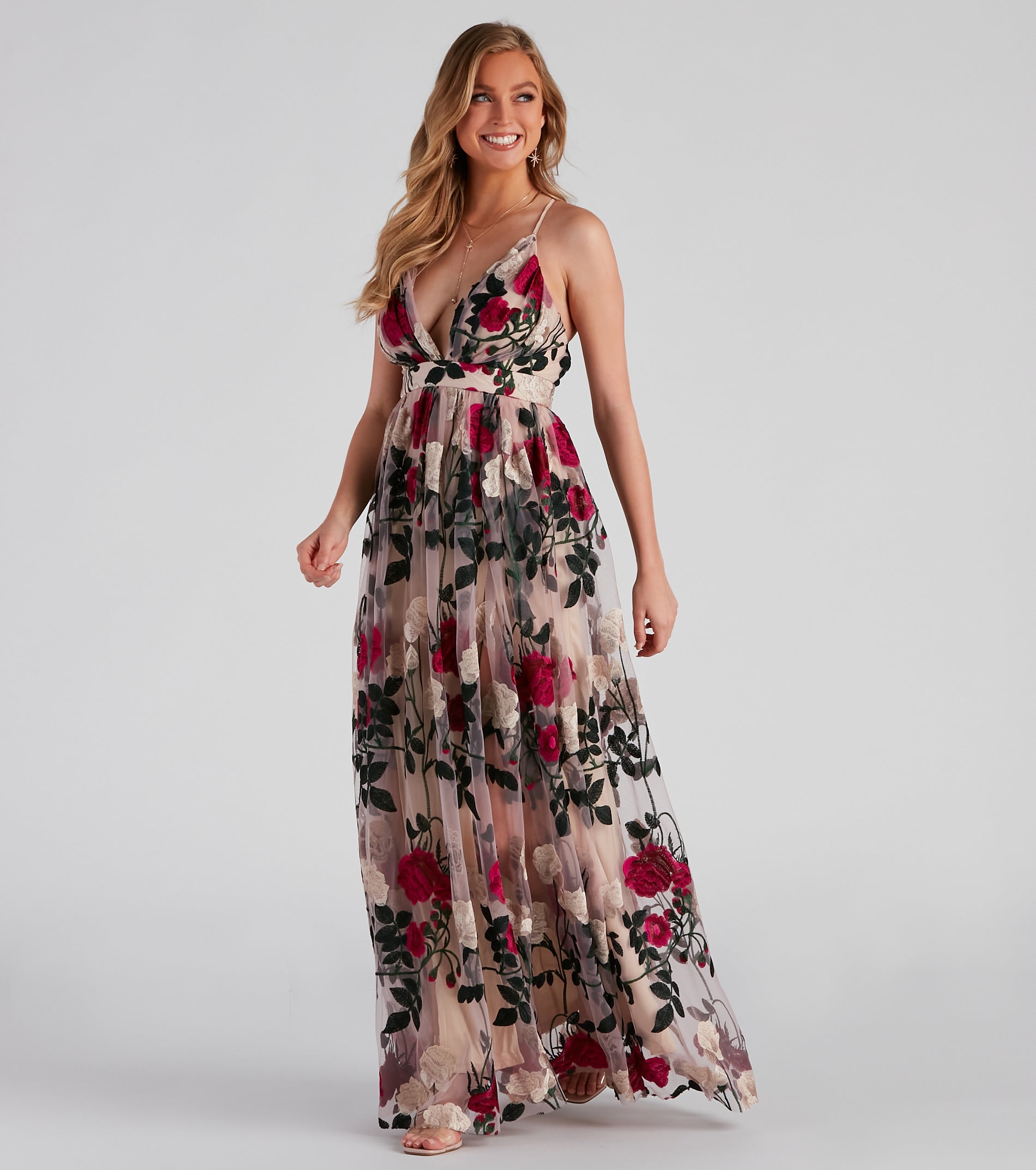 Charena Formal Embroidered Floral Tulle Dress - NATURAL