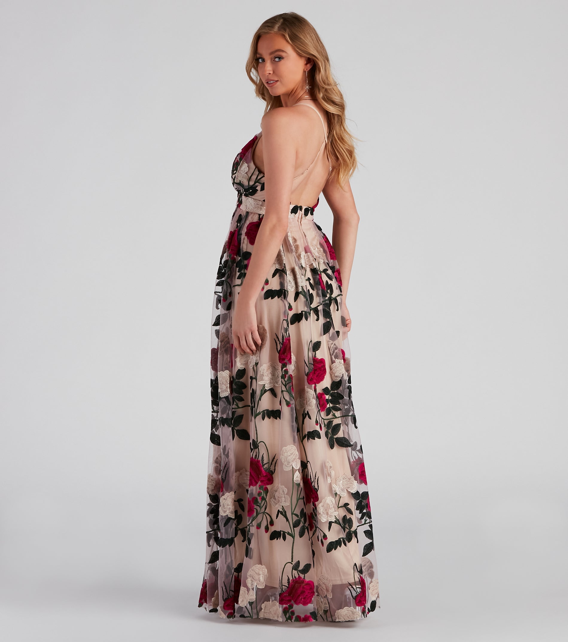 Charena Formal Embroidered Floral Tulle Dress - NATURAL