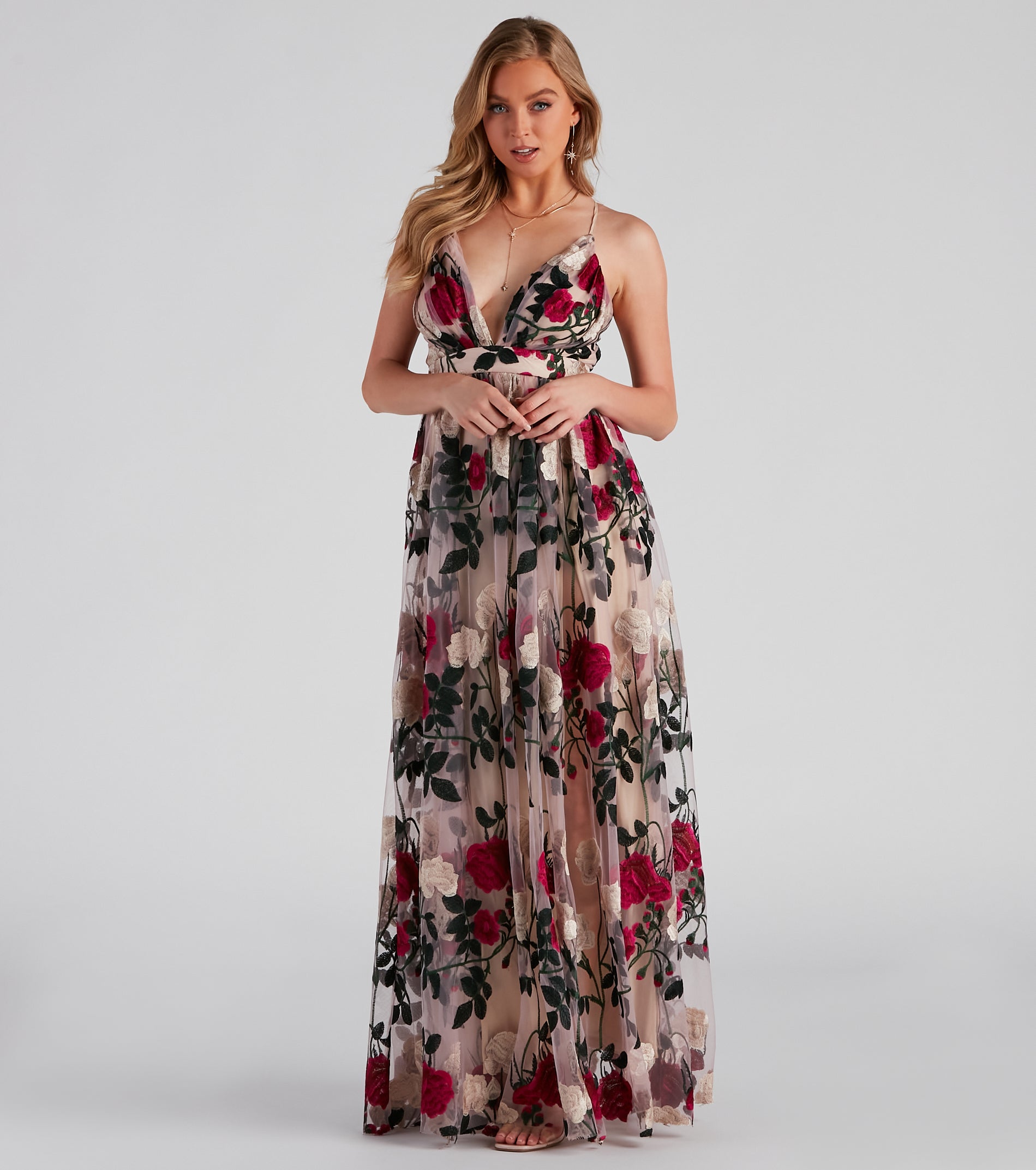 Charena Formal Embroidered Floral Tulle Dress - NATURAL