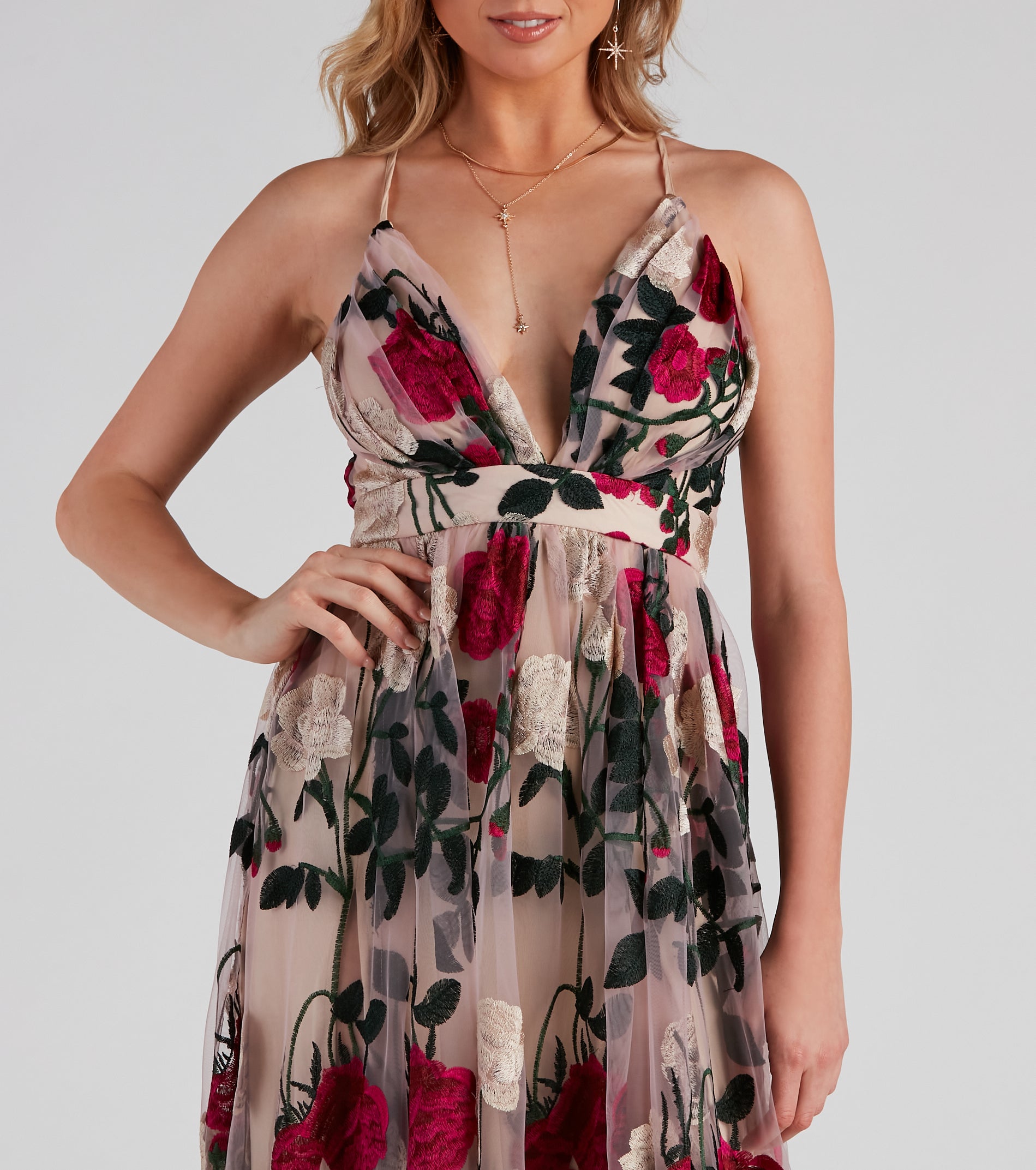 Charena Formal Embroidered Floral Tulle Dress - NATURAL