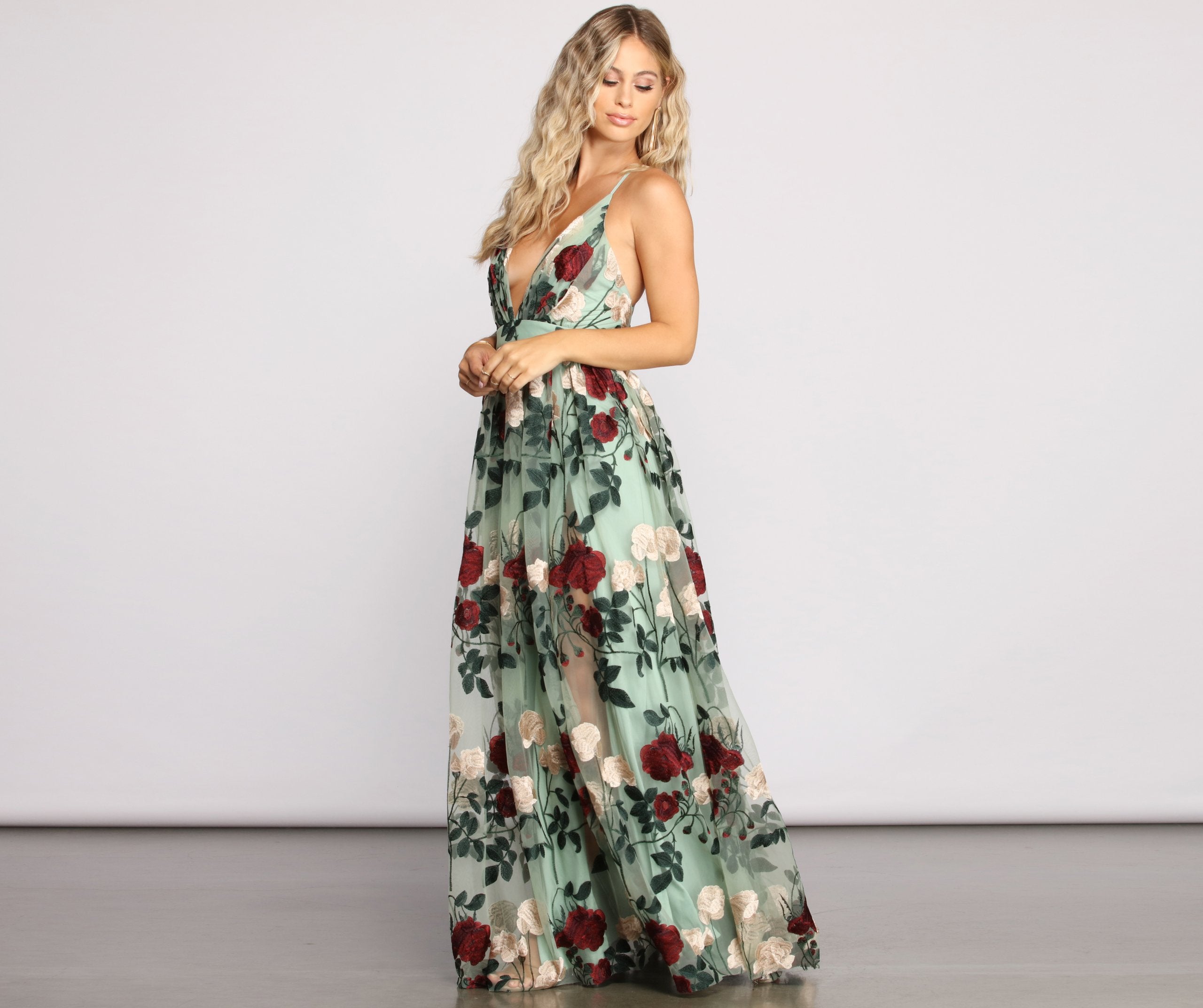 Charena Formal Embroidered Floral Tulle Dress - MINT