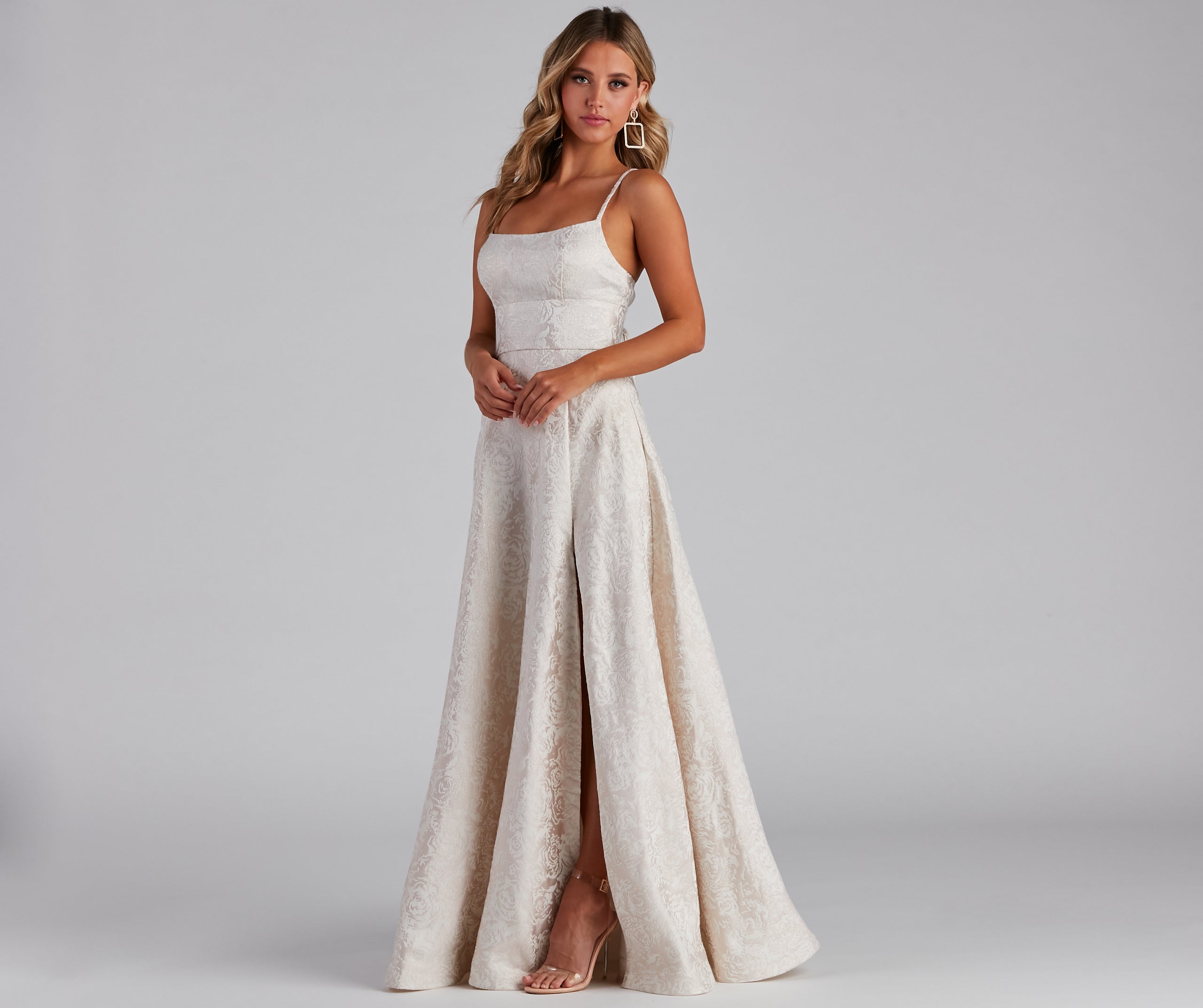 Adalyn Brocade High Slit Dress - IVORY