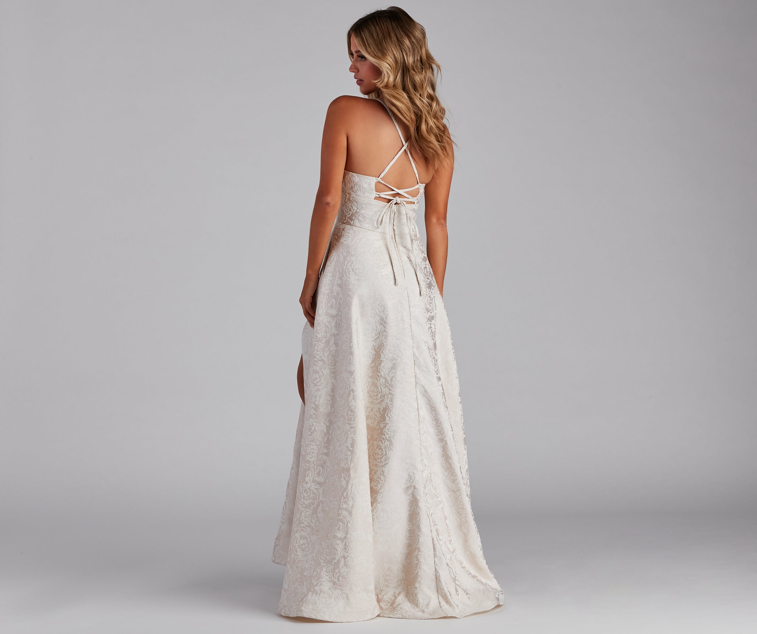 Adalyn Brocade High Slit Dress - IVORY