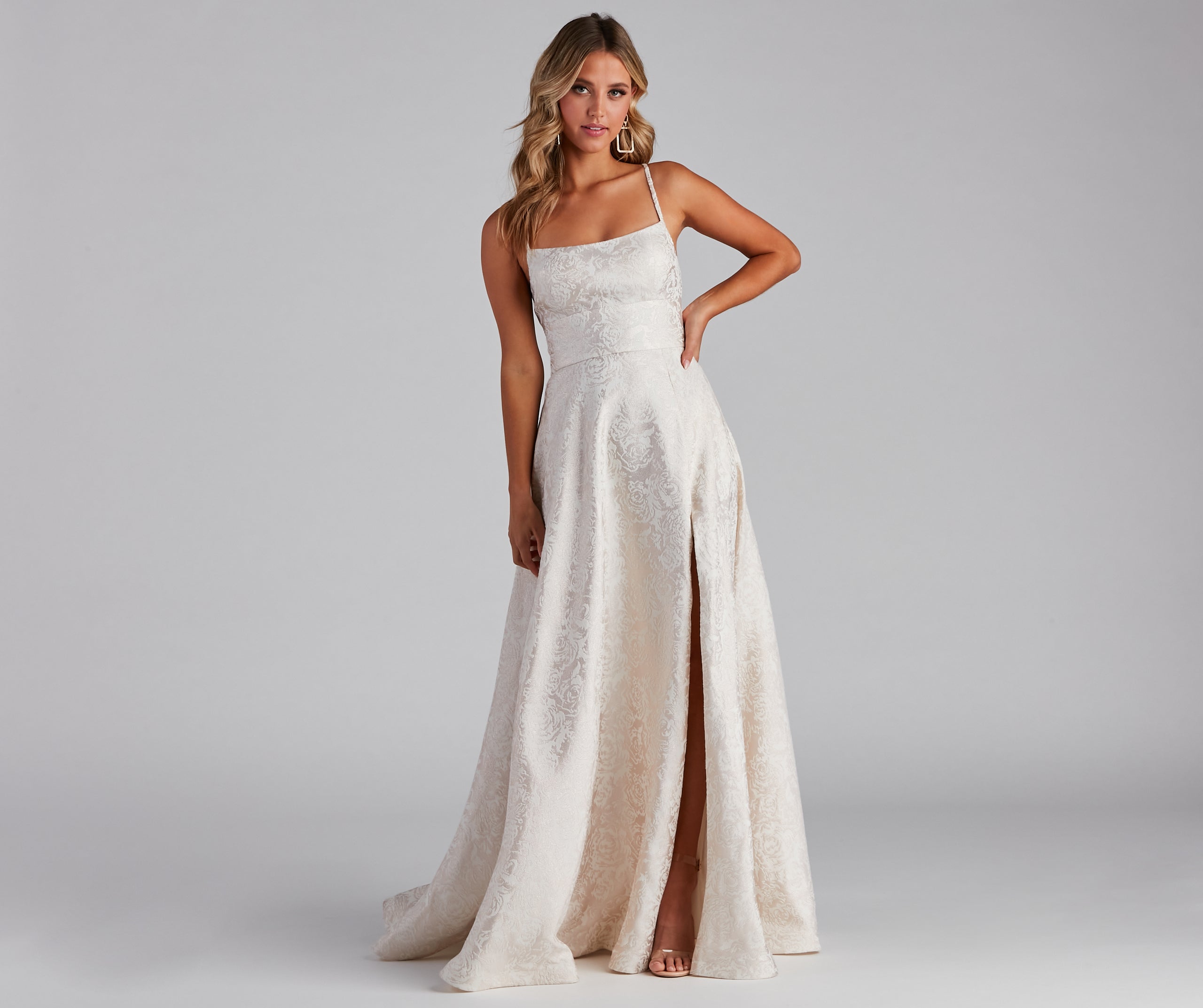 Adalyn Brocade High Slit Dress - IVORY
