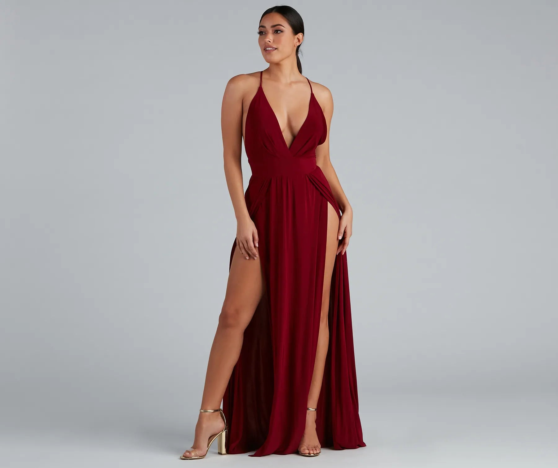 Brie Double Slit A-Line Formal Dress - BURGUNDY