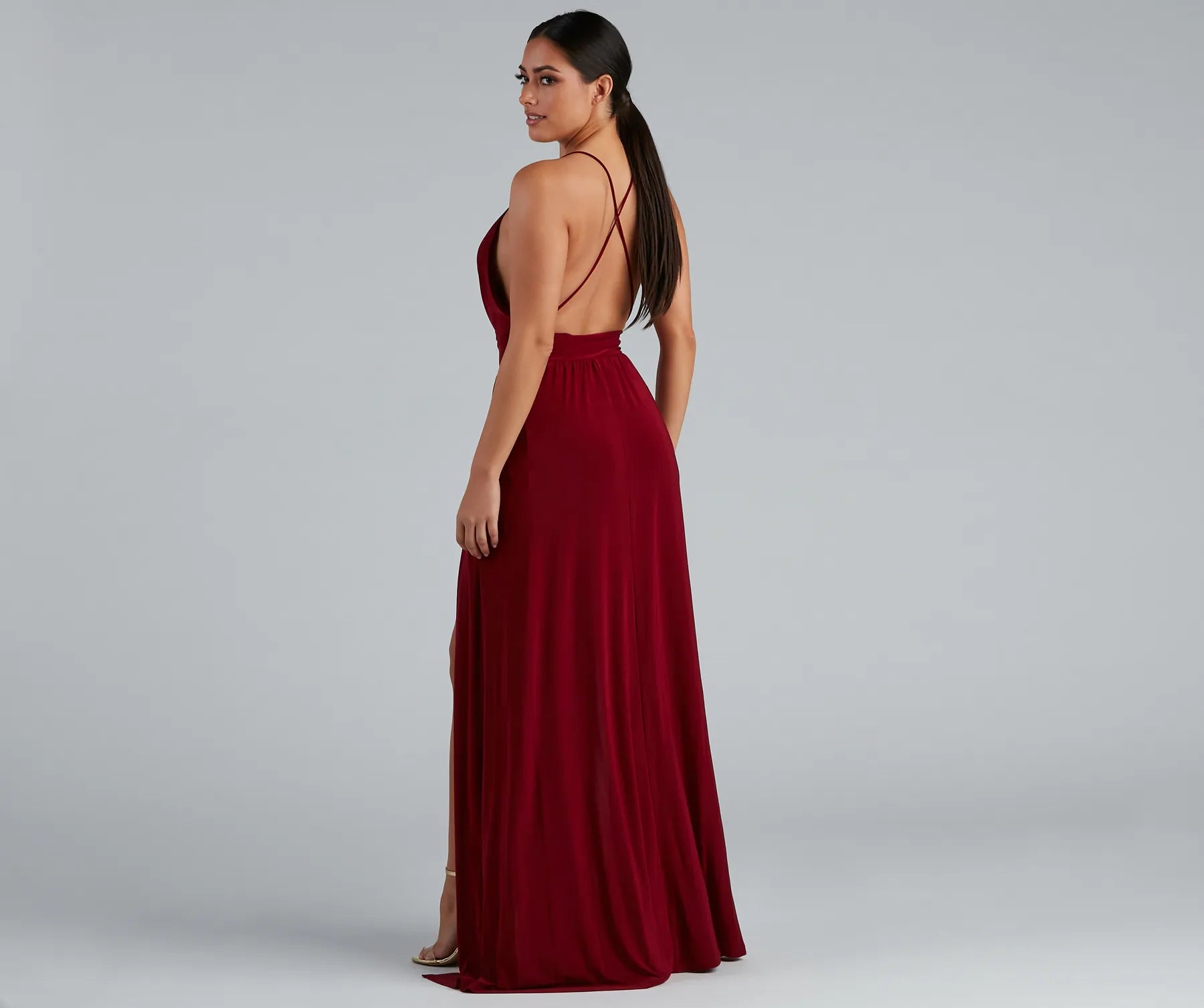 Brie Double Slit A-Line Formal Dress - BURGUNDY