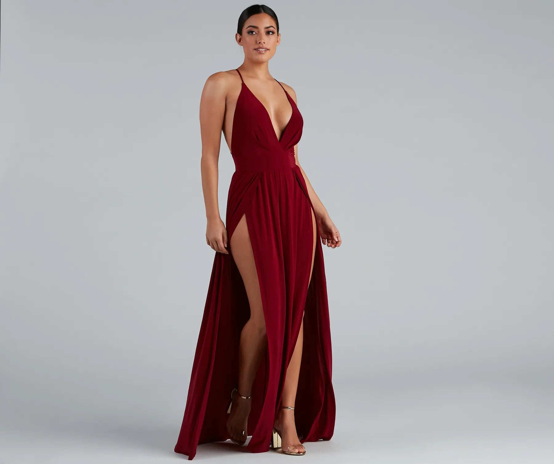 Brie Double Slit A-Line Formal Dress - BURGUNDY