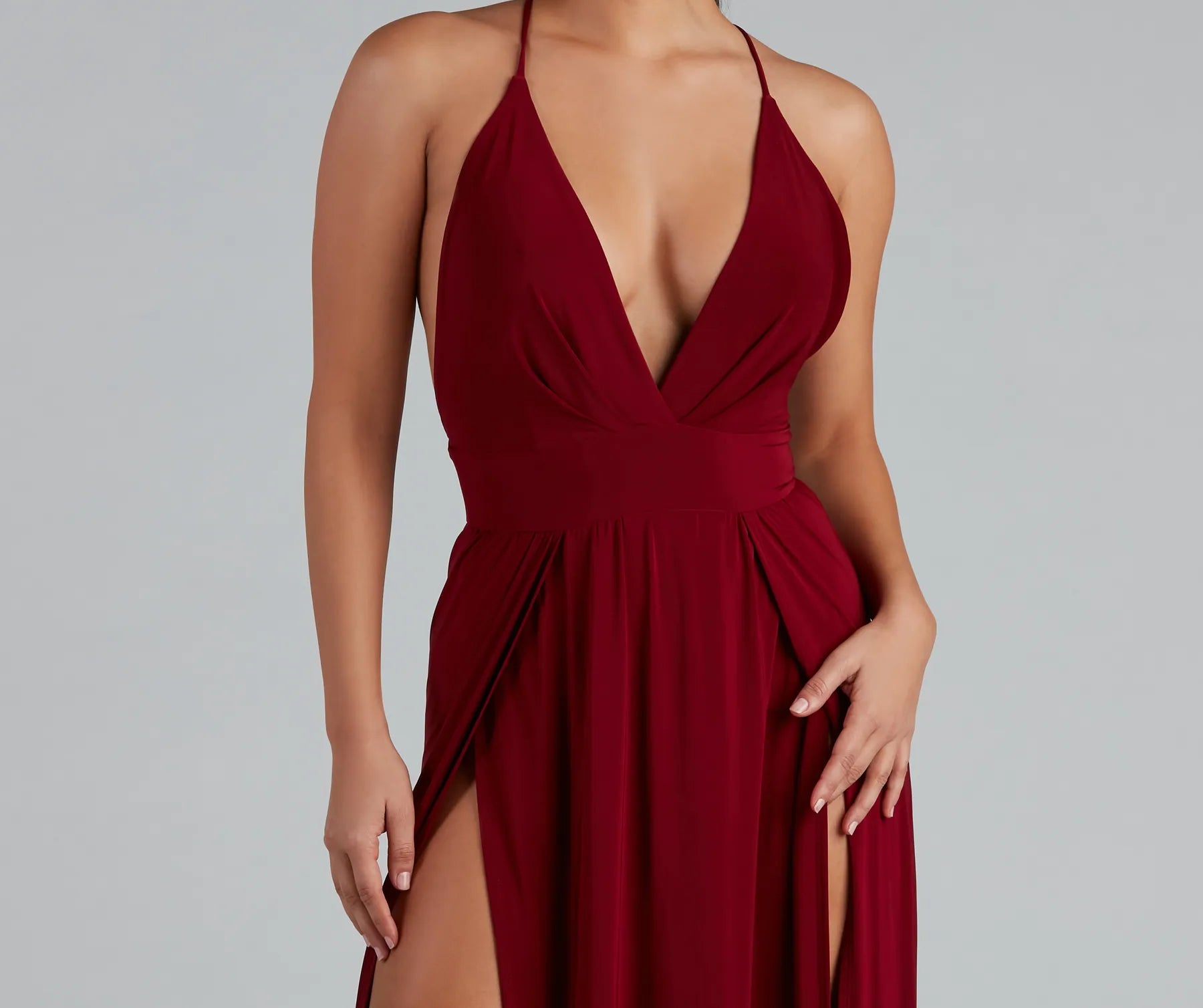 Brie Double Slit A-Line Formal Dress - BURGUNDY