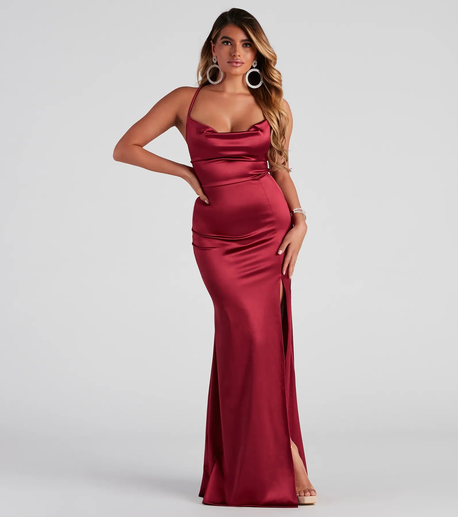 Bristol Formal Satin Lace-Up Dress - BURGUNDY
