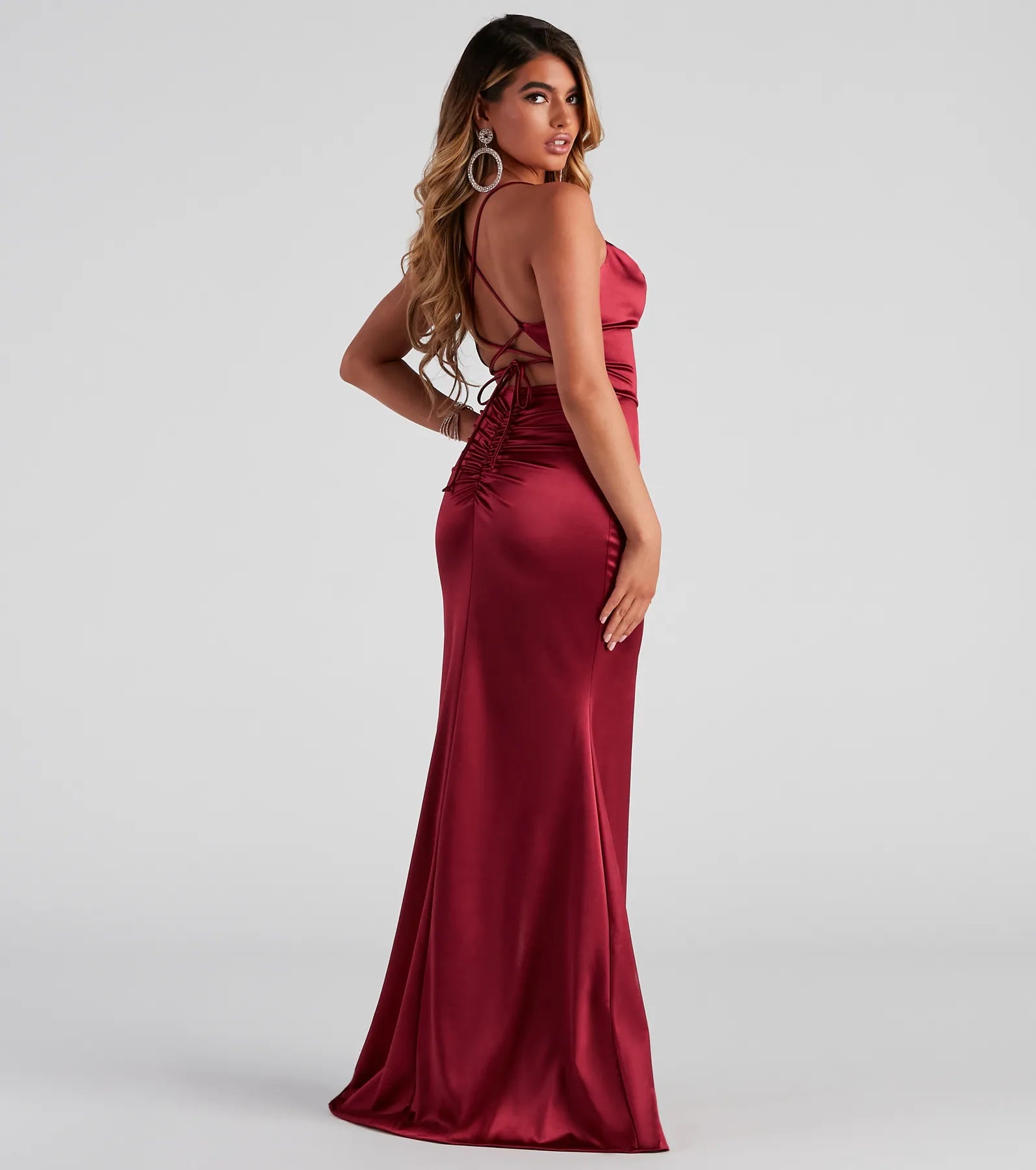 Bristol Formal Satin Lace-Up Dress - BURGUNDY