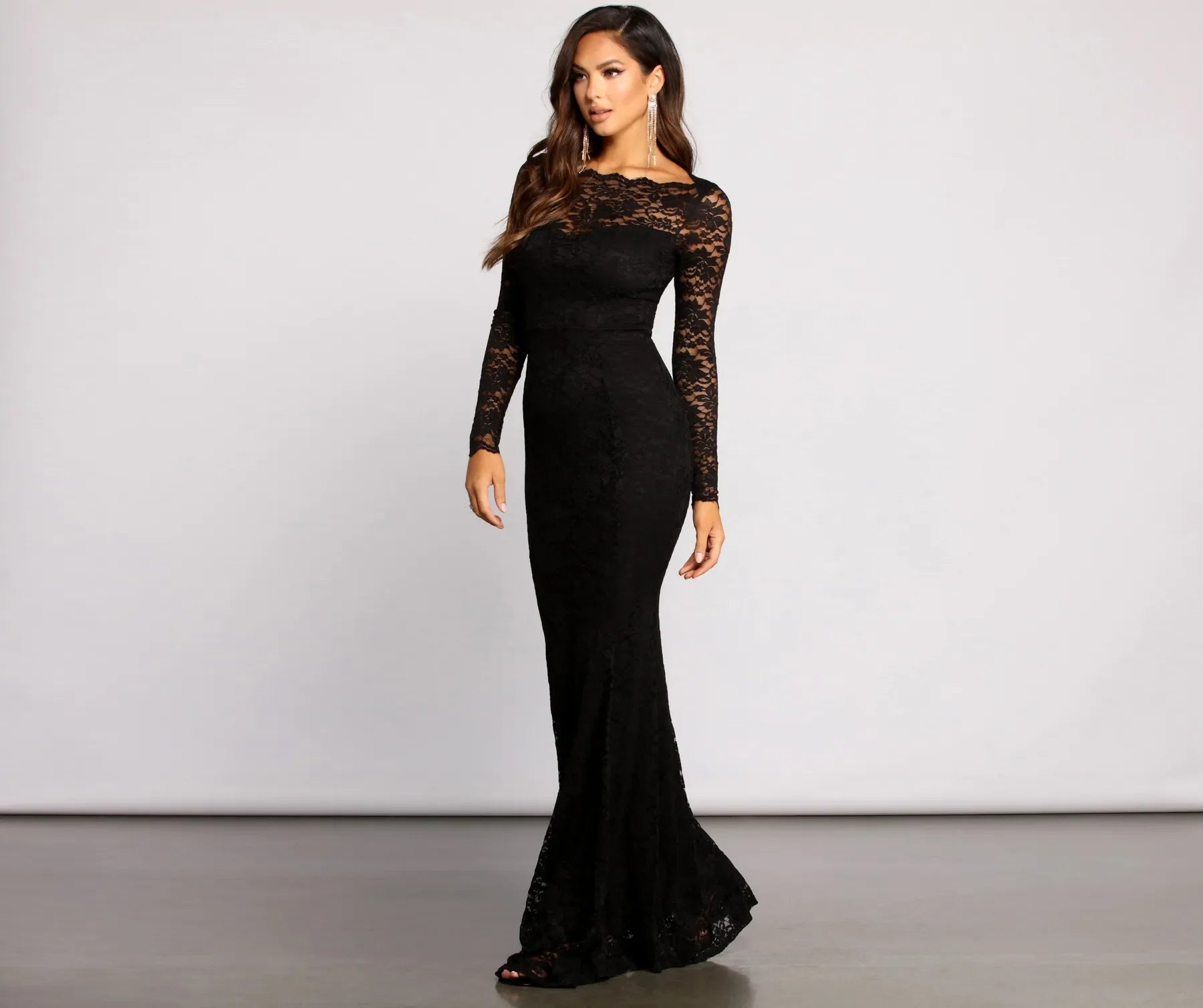 Priscilla Scalloped Lace Boat Neck Mermaid Dress - BLACK