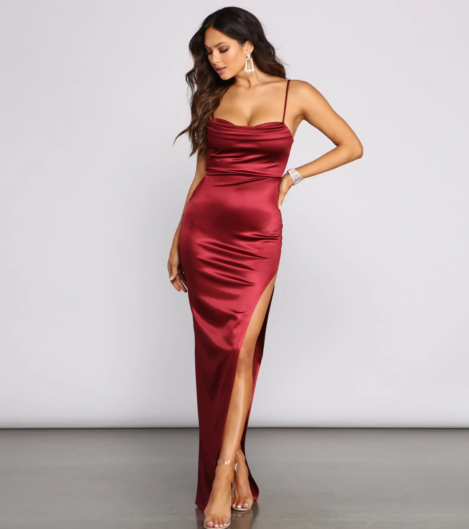 Lola High Slit Satin Dress - BURGUNDY