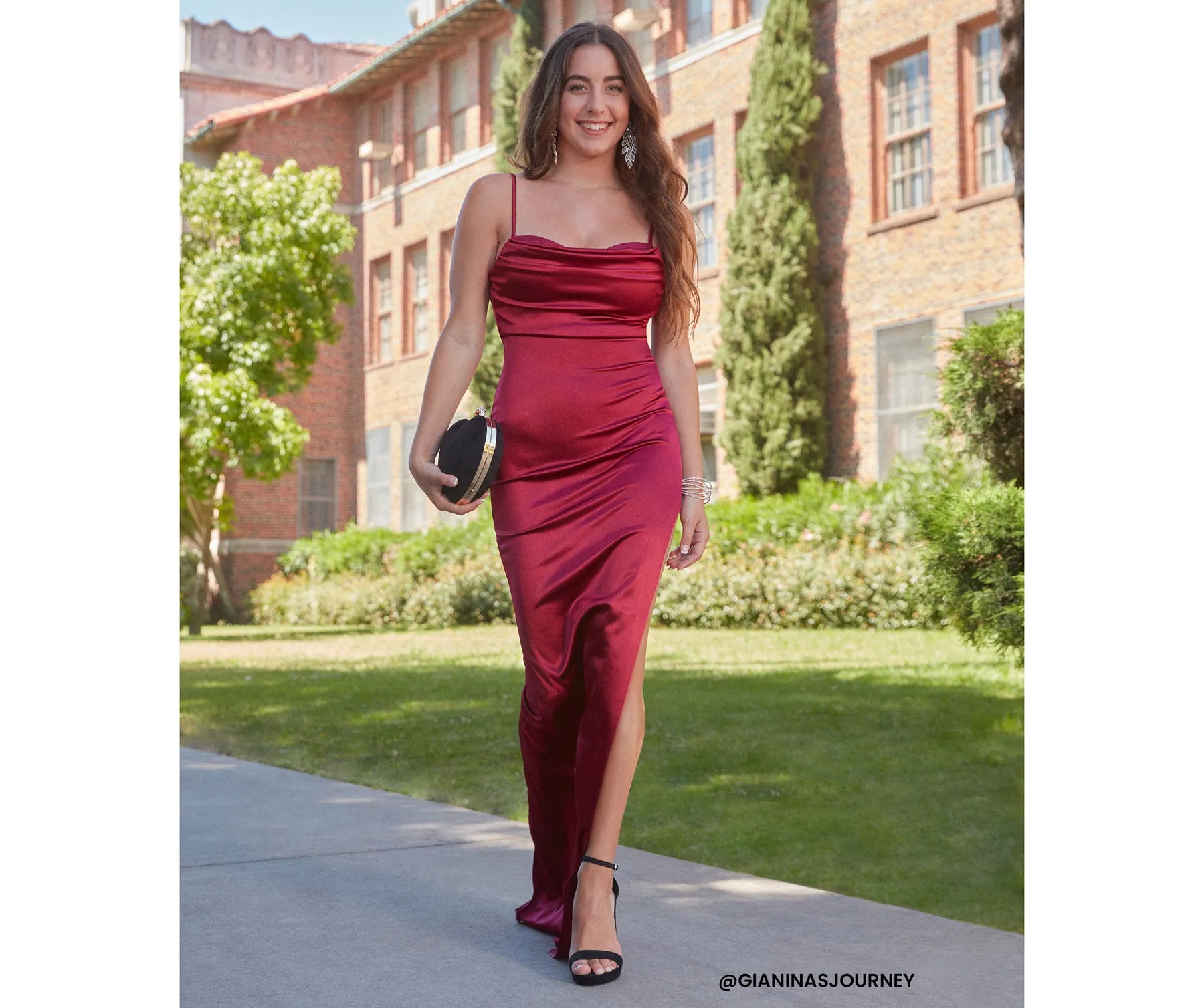 Lola High Slit Satin Dress - BURGUNDY