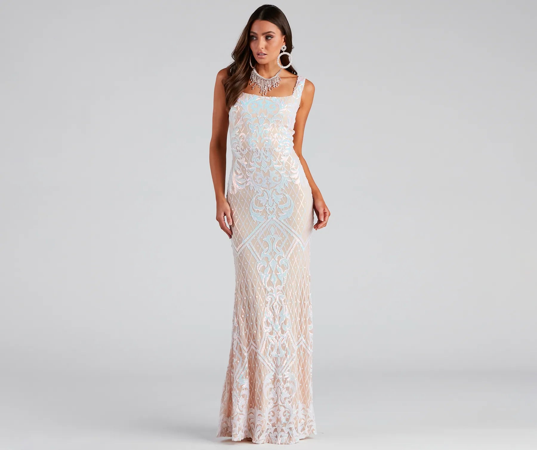 Micaela Formal Sequin Scroll Mermaid Dress - NUDE-3