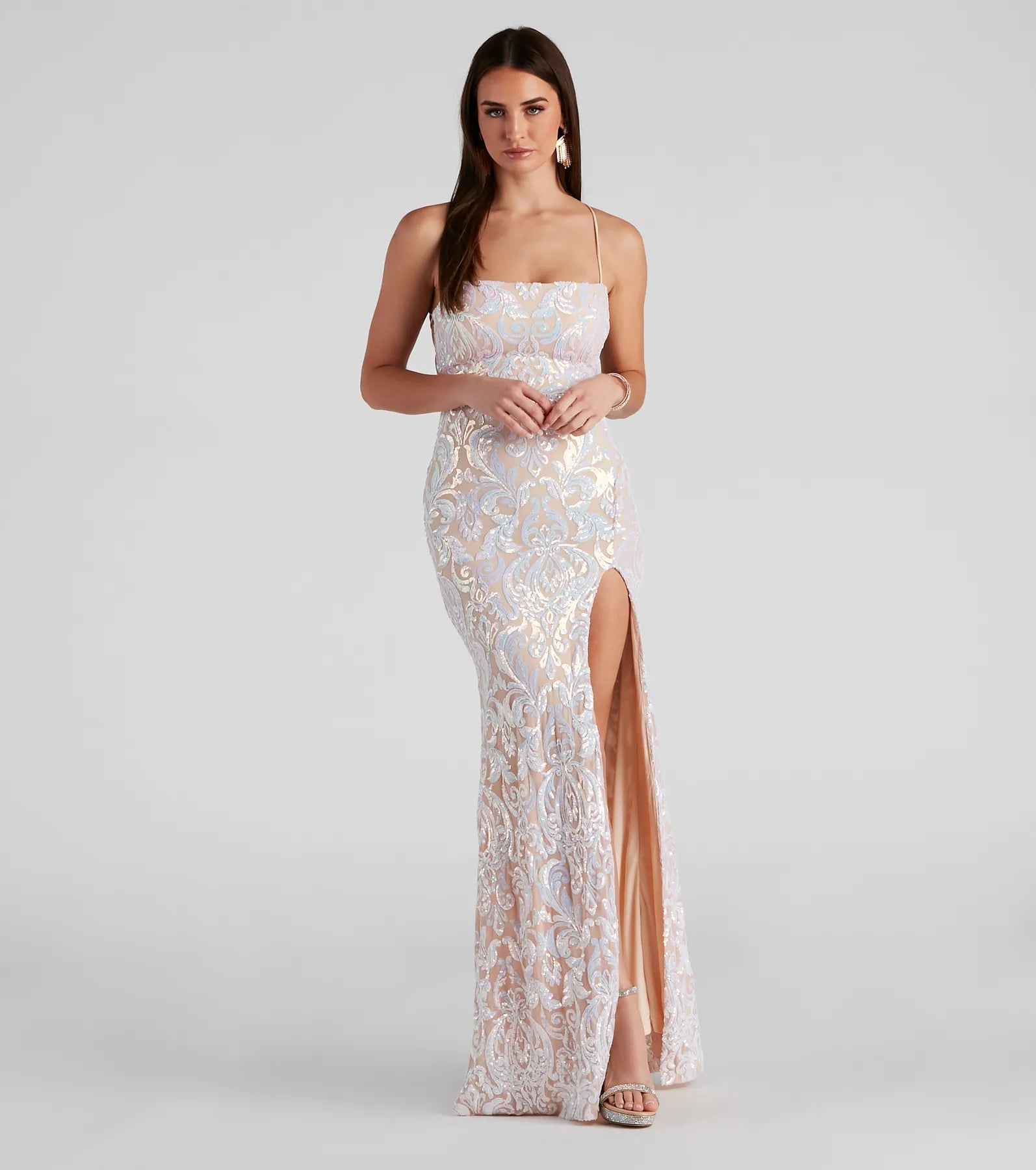 Priya Formal Iridescent Sequin Scroll Dress - WHITE