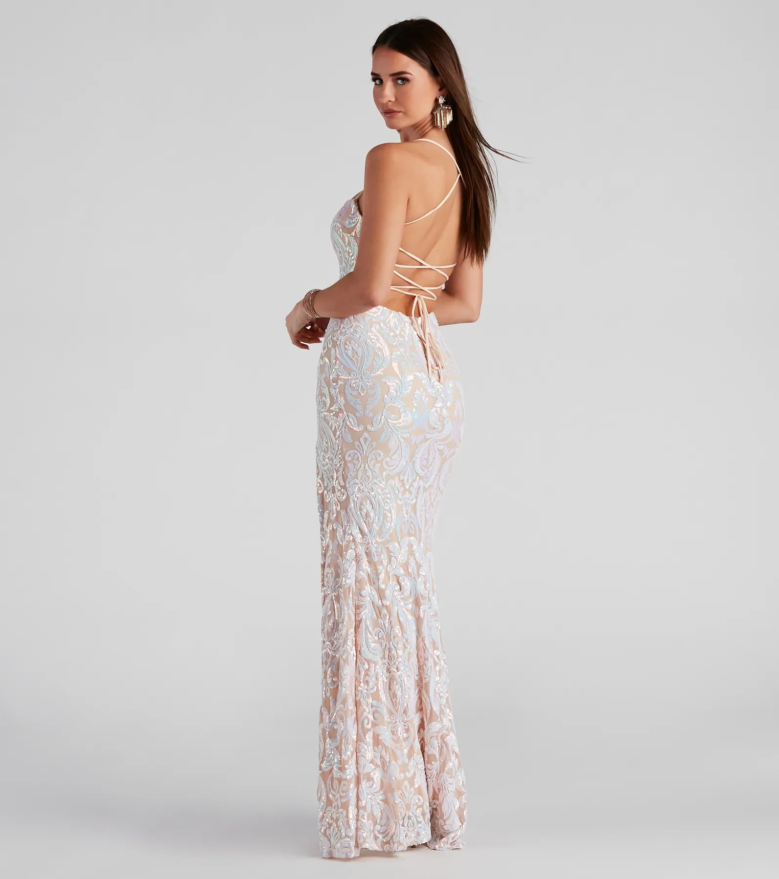 Priya Formal Iridescent Sequin Scroll Dress - WHITE