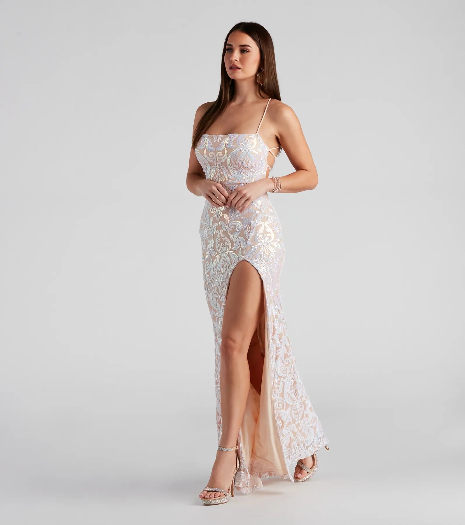 Priya Formal Iridescent Sequin Scroll Dress - WHITE