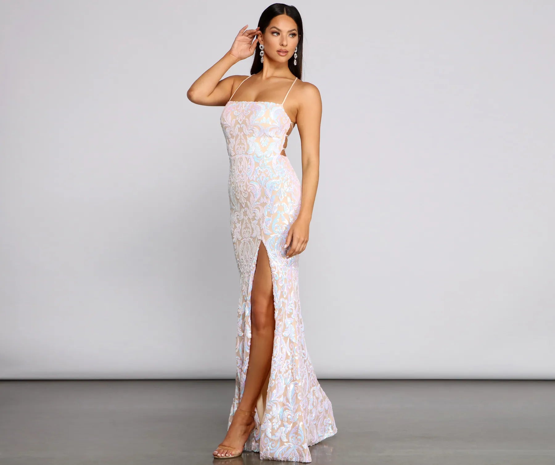 Priya Formal Iridescent Sequin Scroll Dress - WHITE