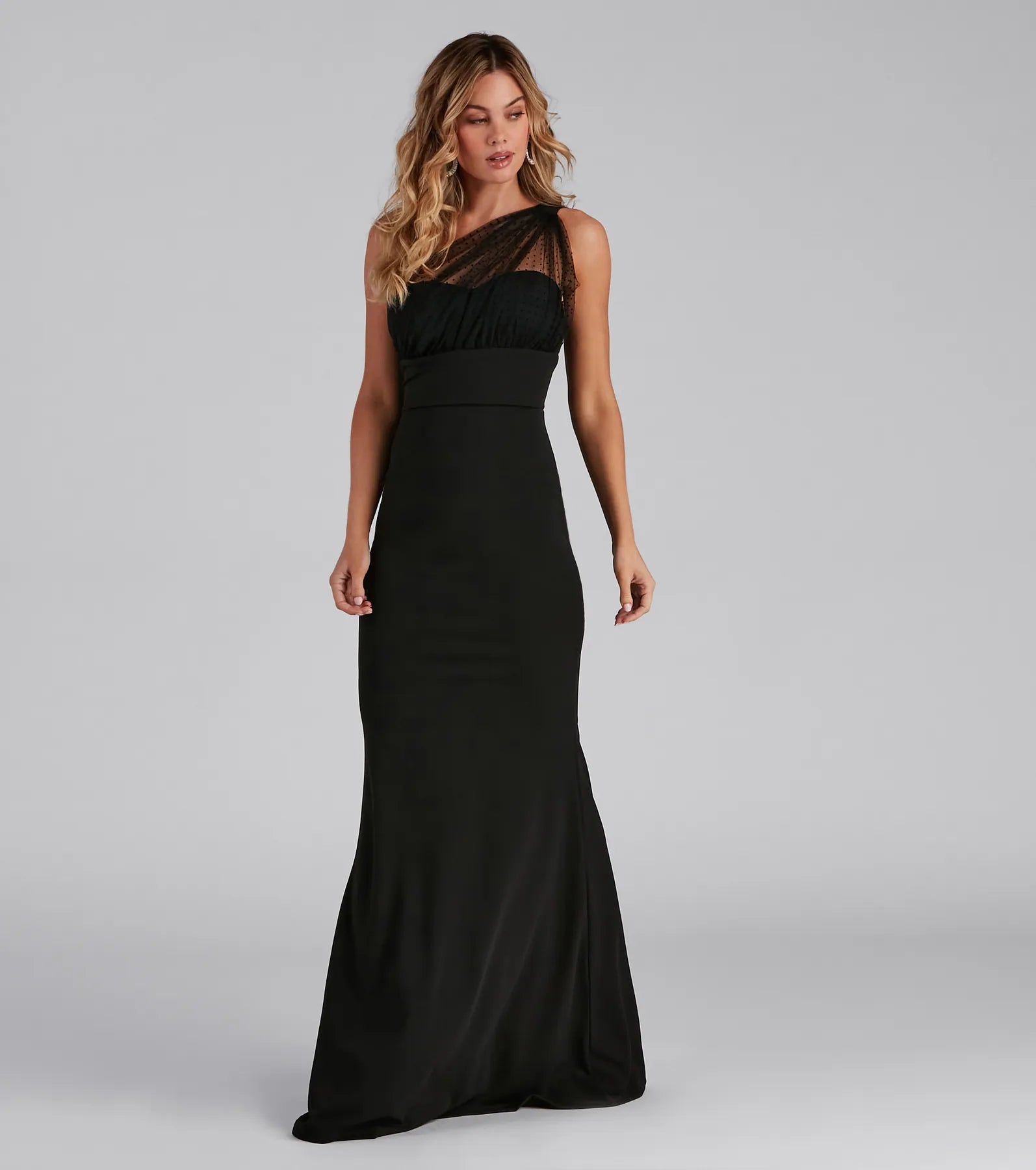 Dakota Formal One-Shoulder Swiss Dot Dress - BLACK