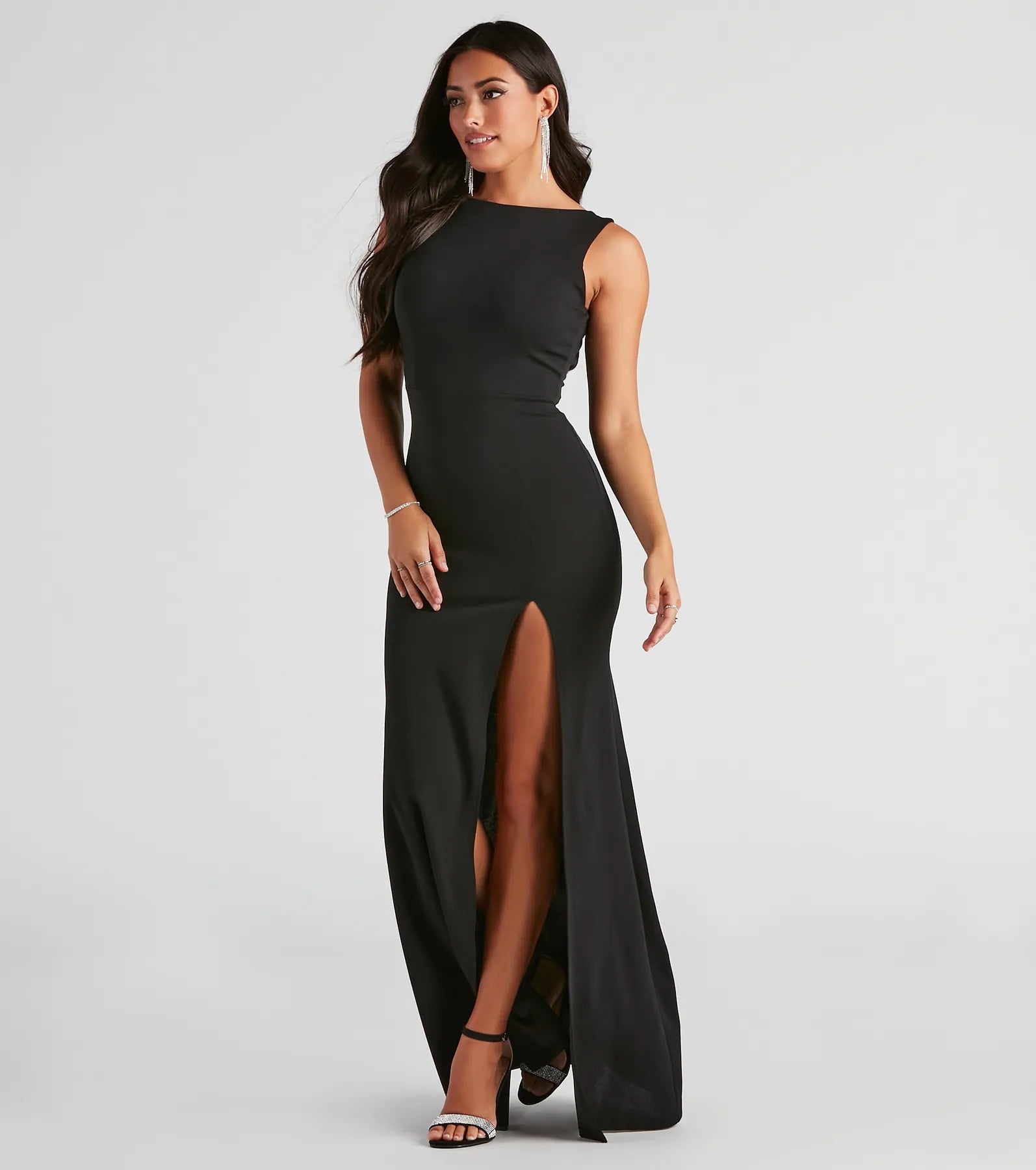 Addie Formal Open Back Crepe Dress - BLACK