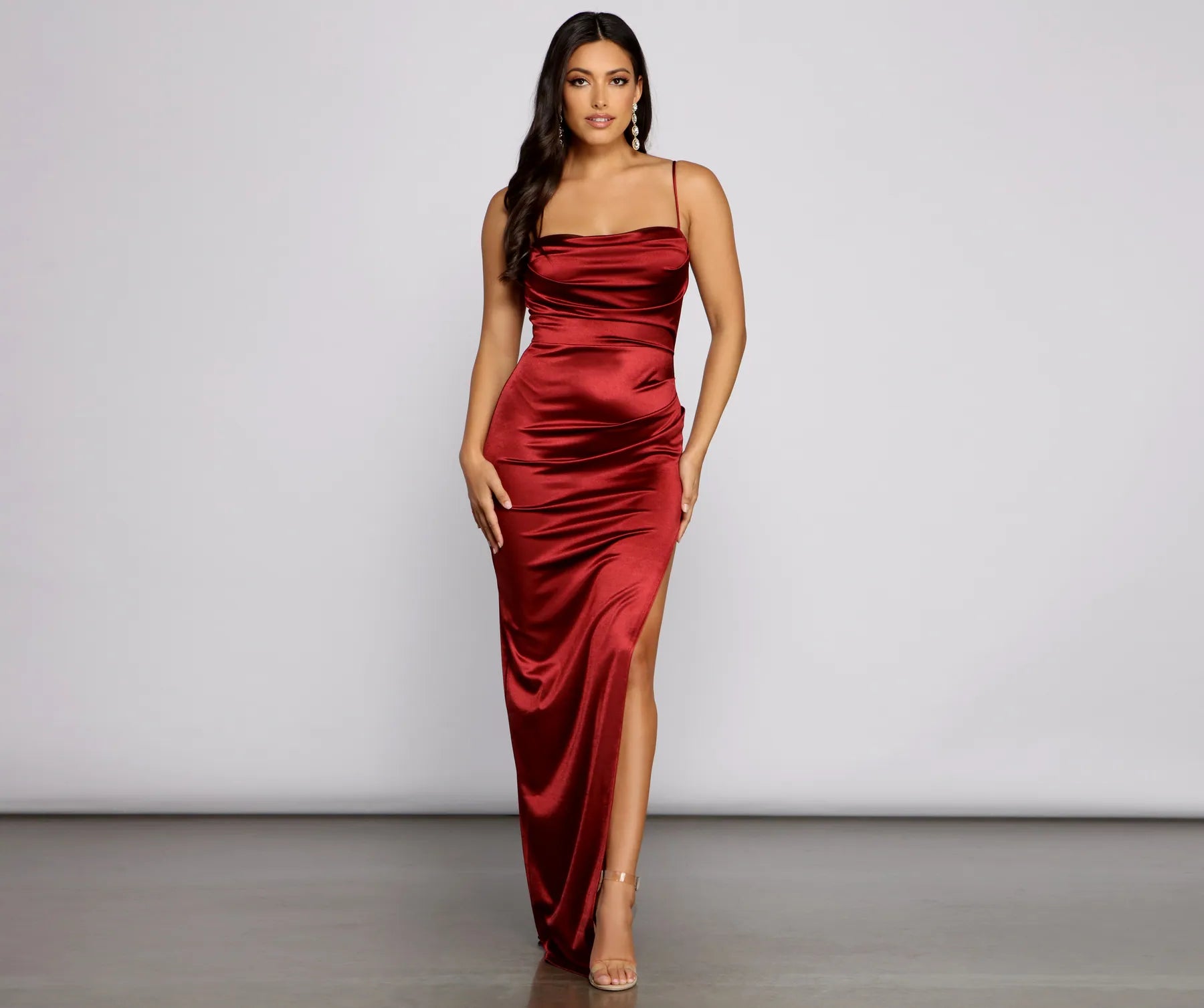 Gemma Formal High Slit Satin Dress - BURGUNDY
