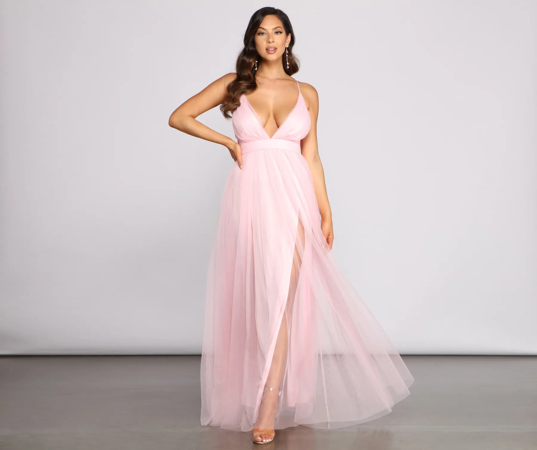Saylor Formal Double Slit Tulle Dress - PINK