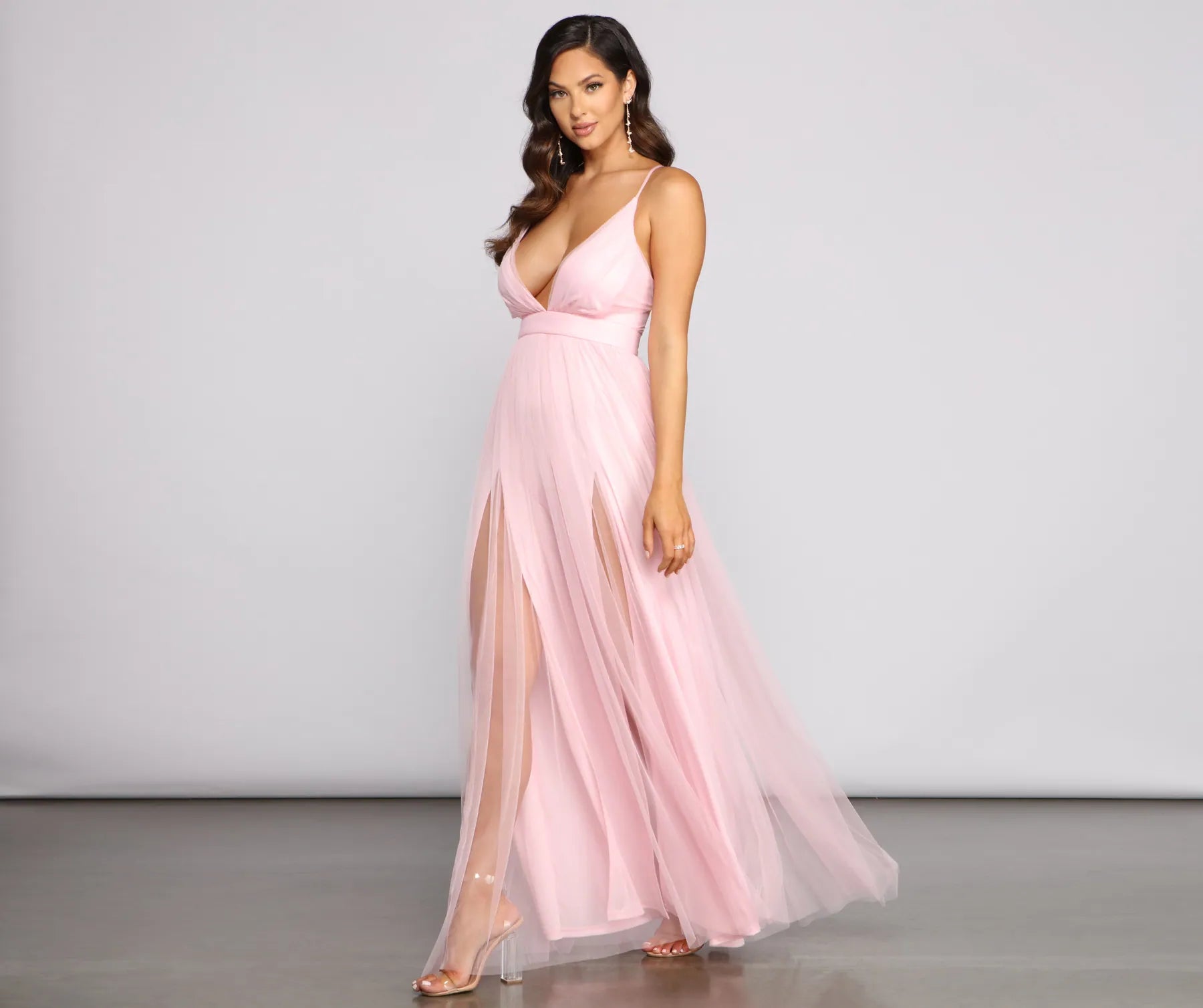 Saylor Formal Double Slit Tulle Dress - PINK