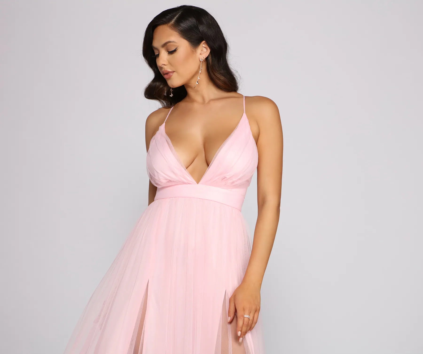 Saylor Formal Double Slit Tulle Dress - PINK