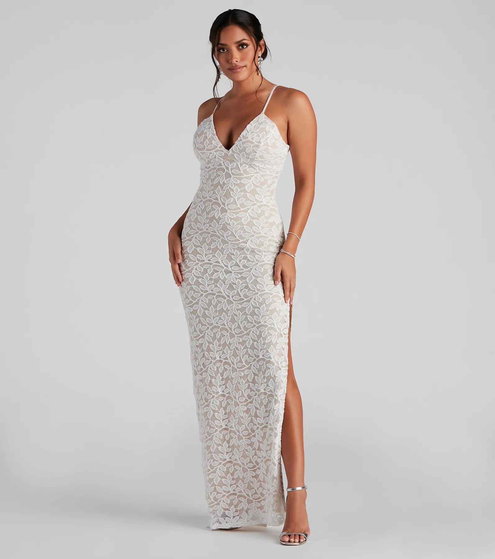Dixie Lace Mesh High-Slit Formal Dress - WHITE