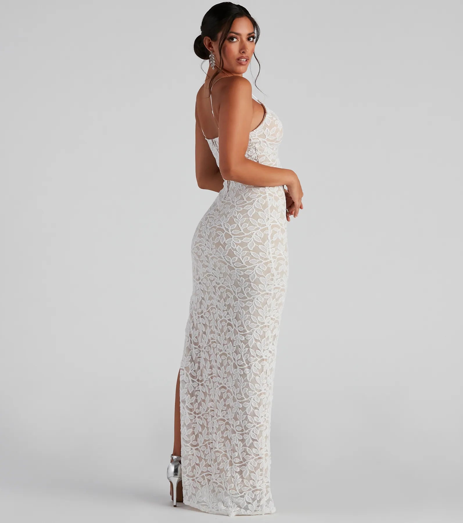 Dixie Lace Mesh High-Slit Formal Dress - WHITE