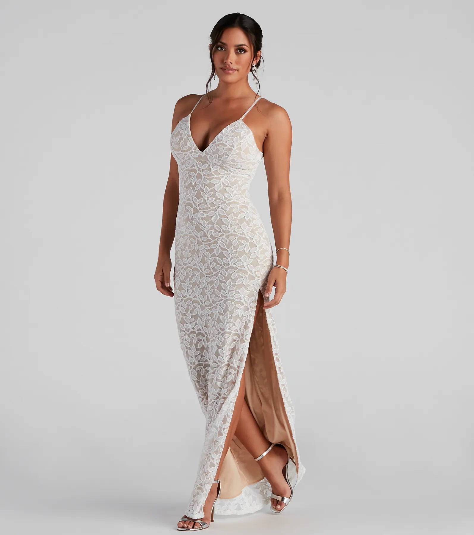 Dixie Lace Mesh High-Slit Formal Dress - WHITE