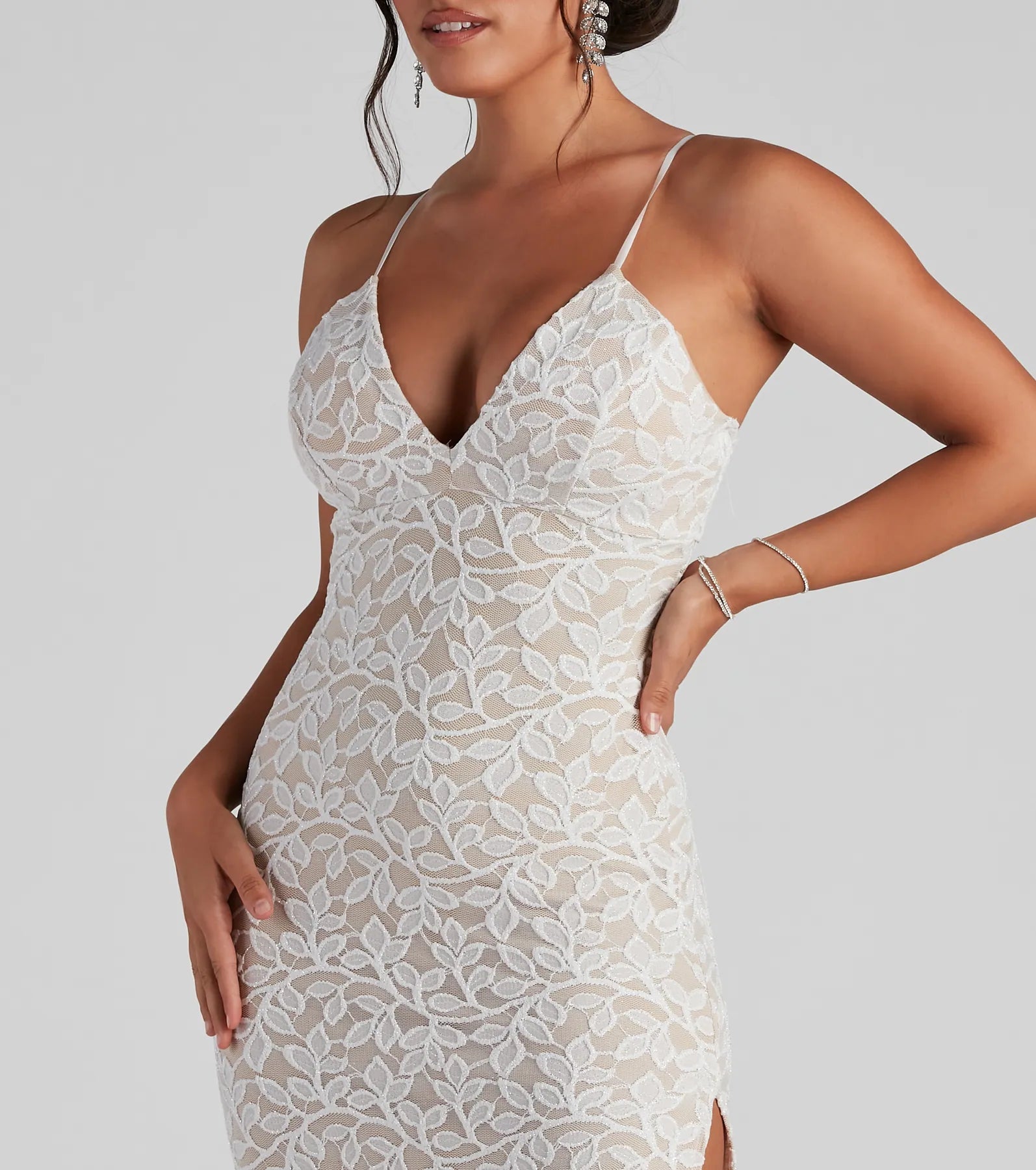 Dixie Lace Mesh High-Slit Formal Dress - WHITE