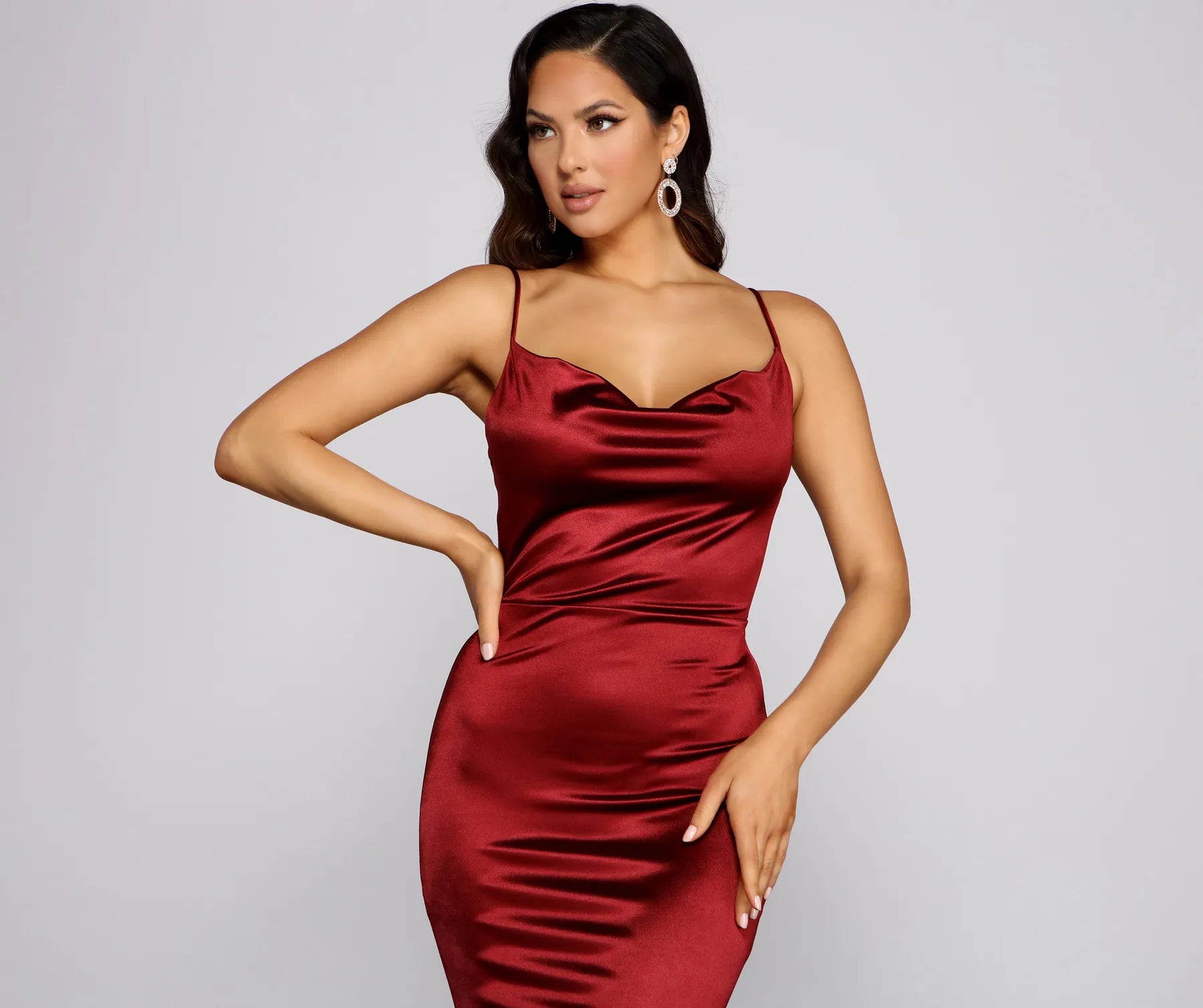 Nala Cowl Neck Satin Dress - BURGUNDY