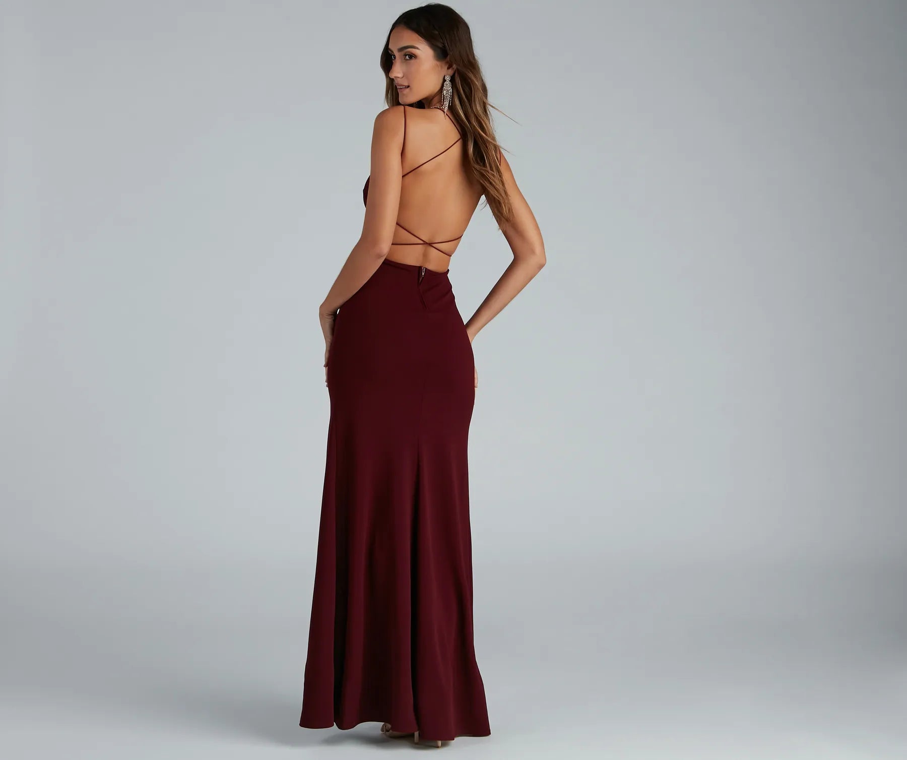 Chloe Lace-Up Back Formal Dress - BURGUNDY