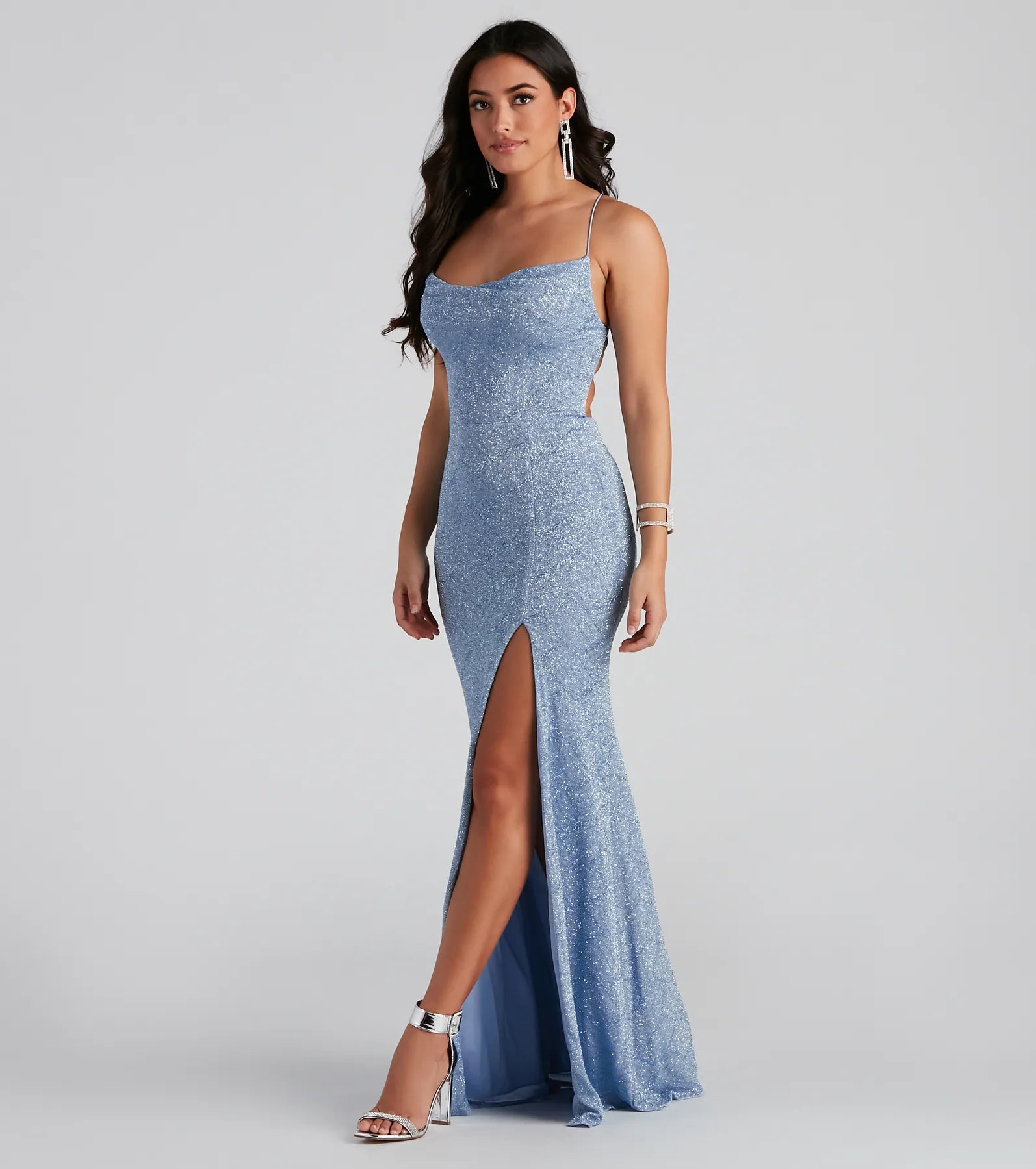 Doria Formal High Slit Glitter Dress - LIGHT BLUE