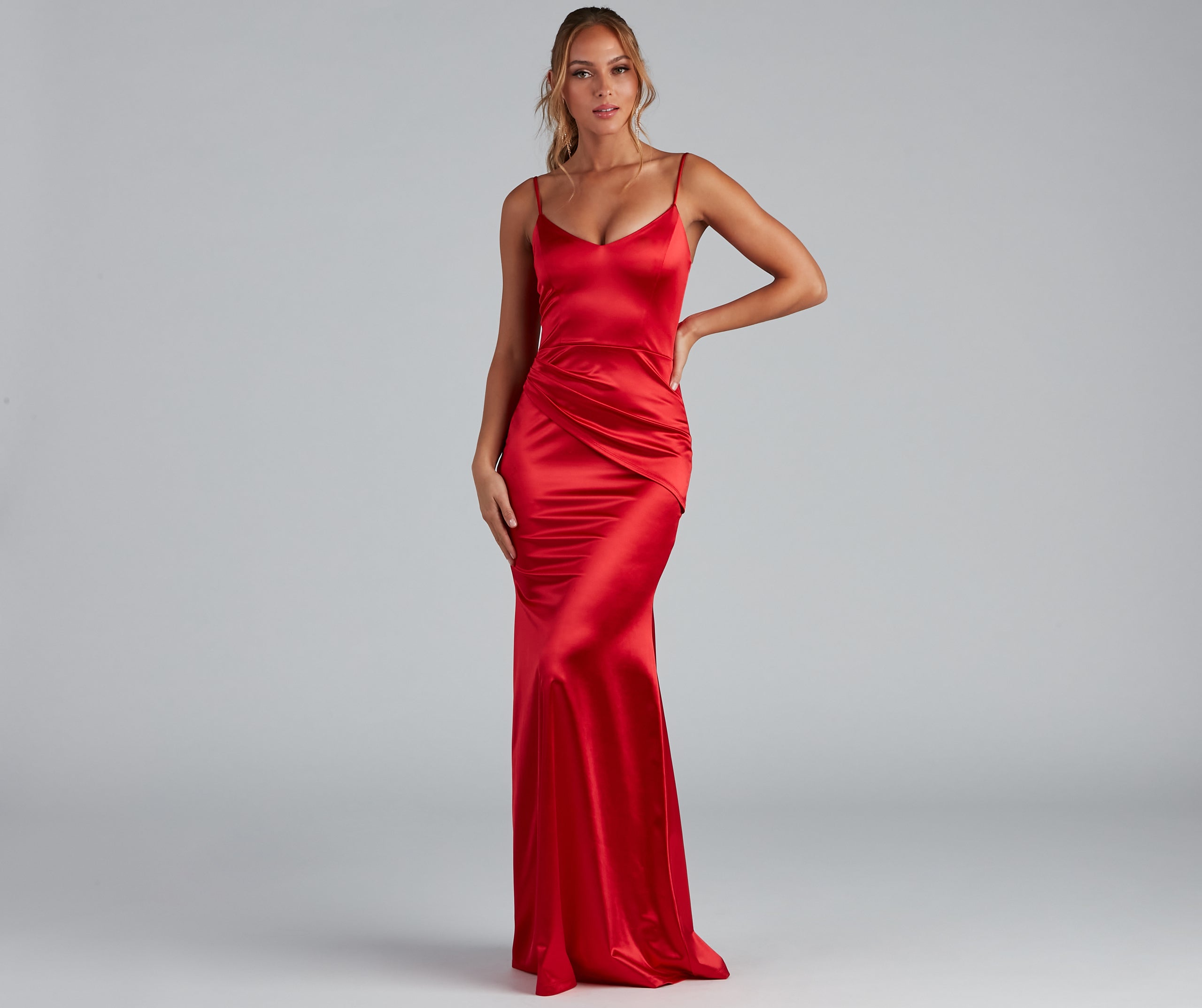 Emilia Draped Satin Gown - RED