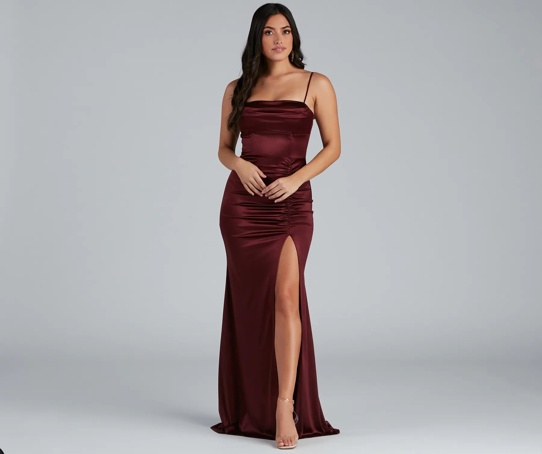 Nemi Formal High Slit Ruched Dress - BURGUNDY