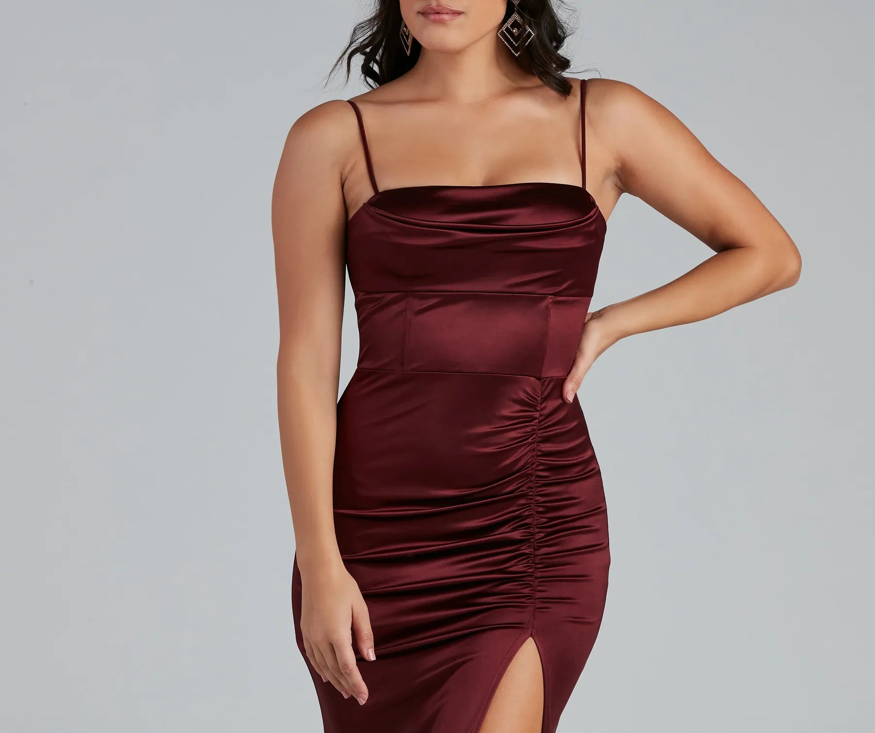 Nemi Formal High Slit Ruched Dress - BURGUNDY