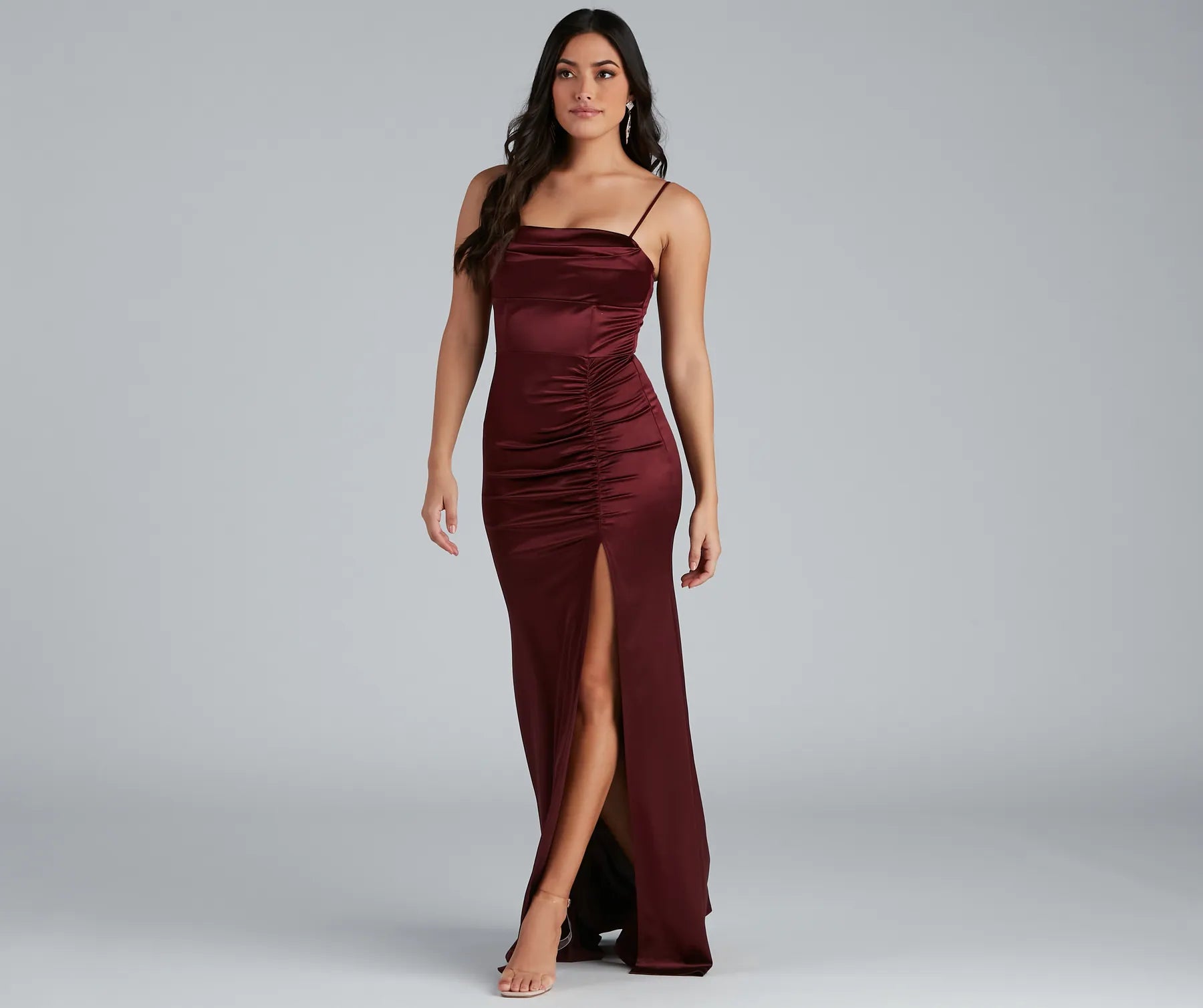 Nemi Formal High Slit Ruched Dress - BURGUNDY