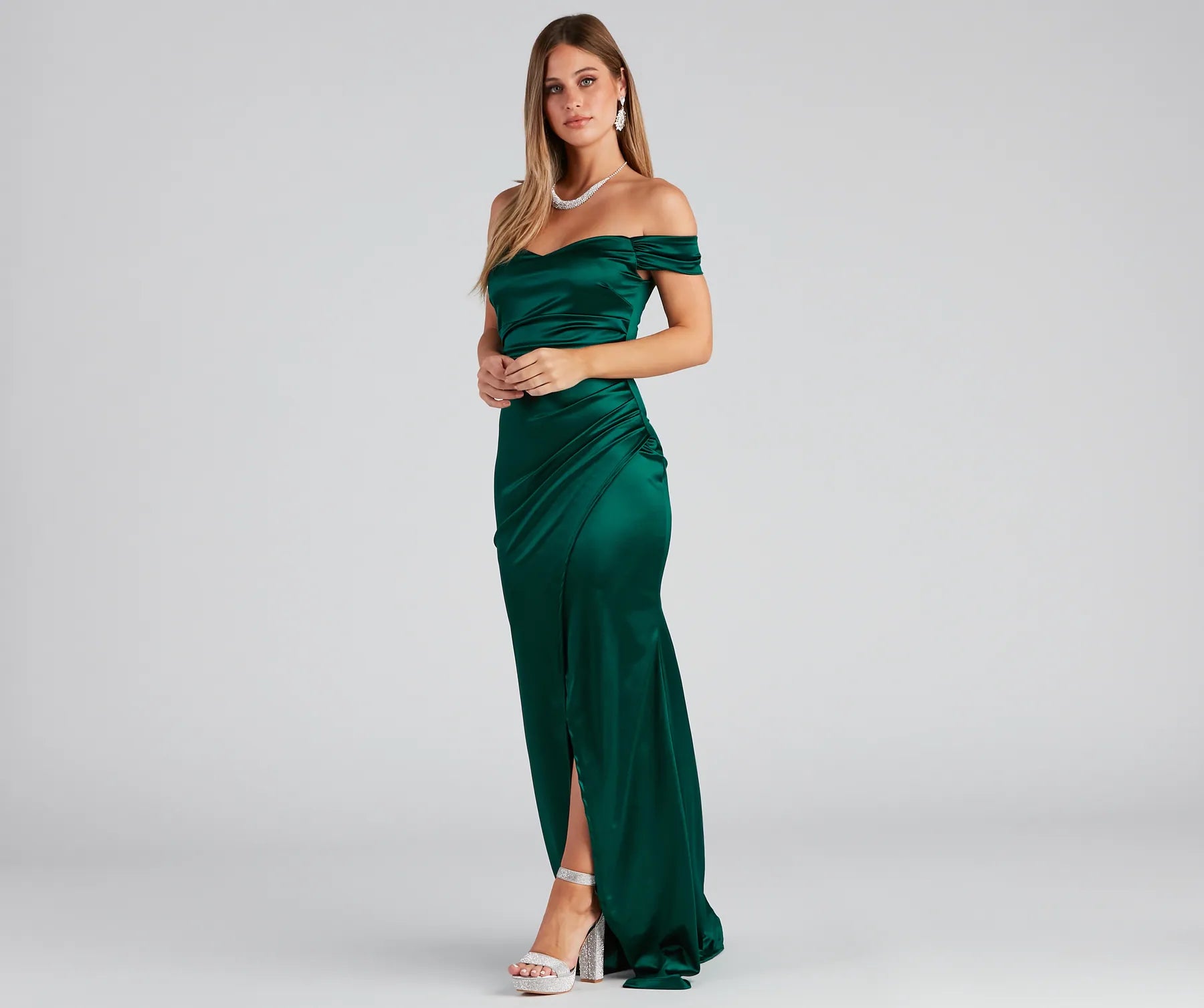 Valencia Formal Off-The-Shoulder Wrap Dress - EMERALD