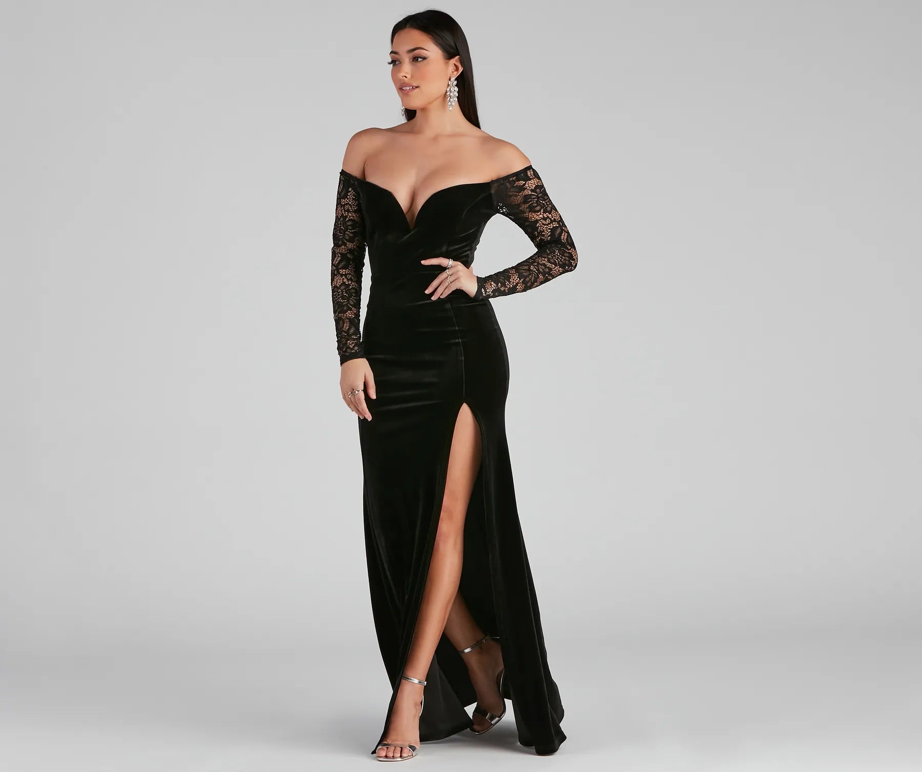 Larsa Formal Velvet And Lace Mermaid Dress - BLACK