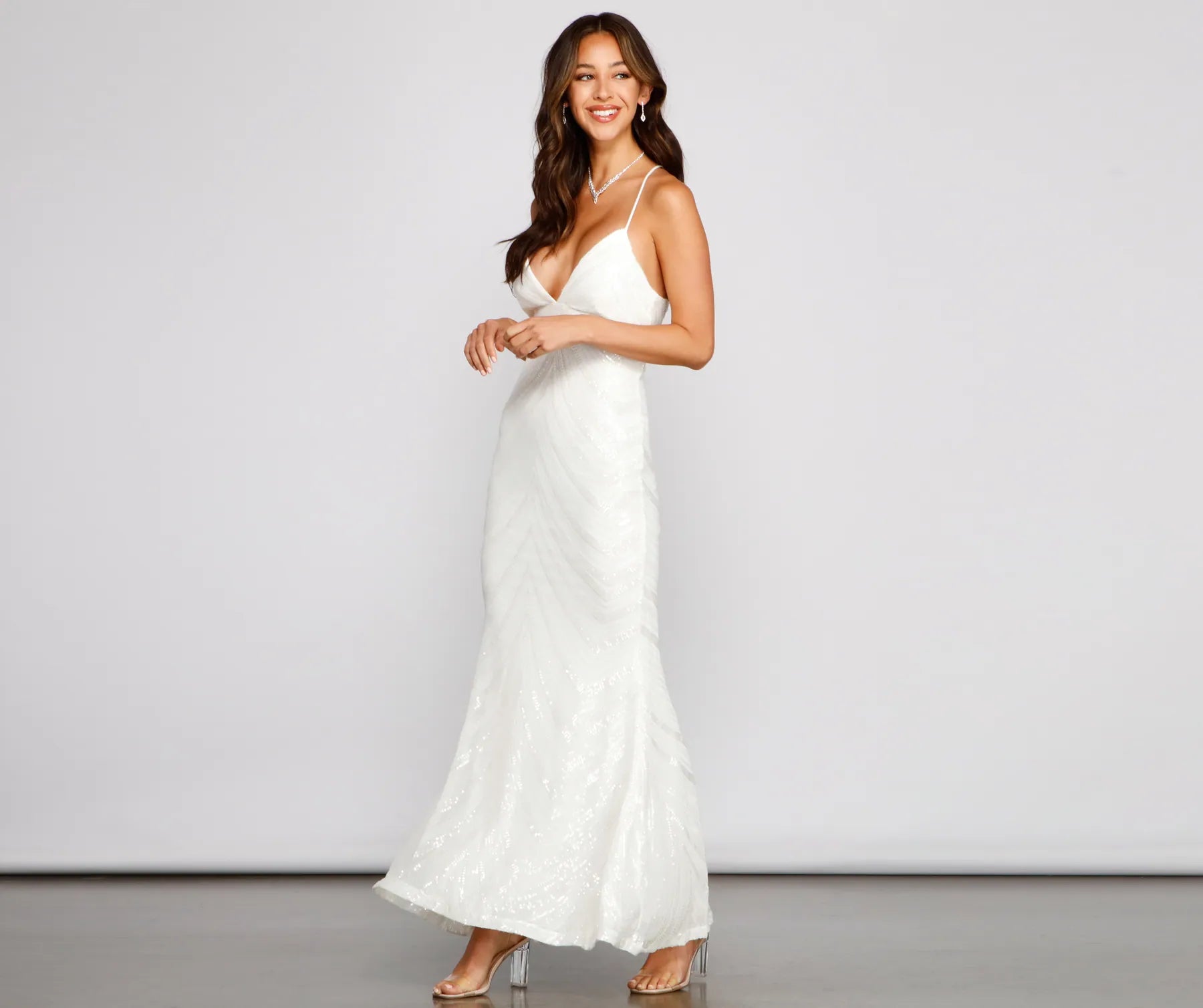 Aubrie Formal Sequin Scroll Dress - WHITE