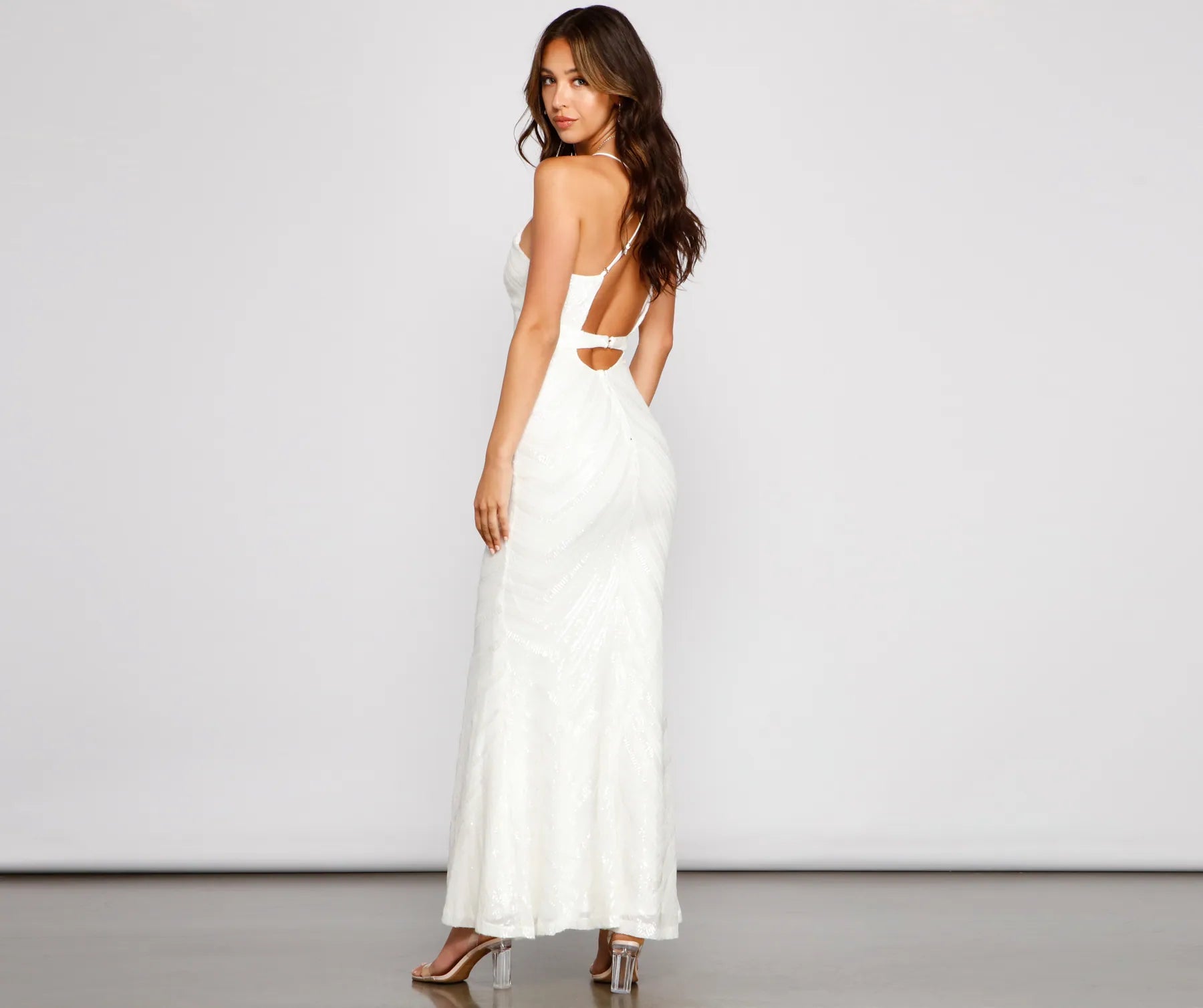Aubrie Formal Sequin Scroll Dress - WHITE