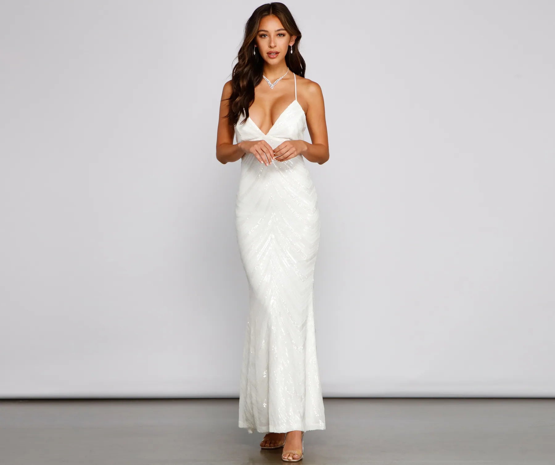Aubrie Formal Sequin Scroll Dress - WHITE