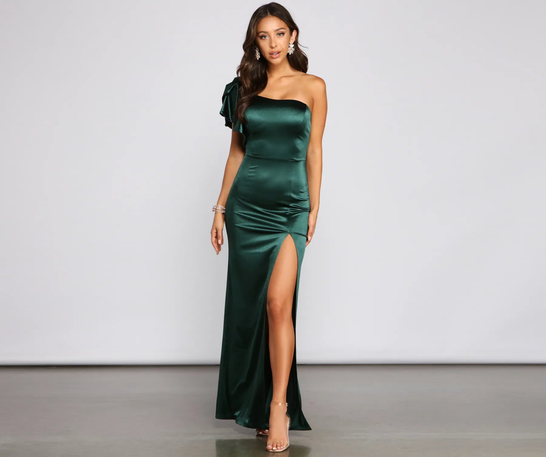 Charmaine Formal One-Shoulder Satin Dress - HUNTER